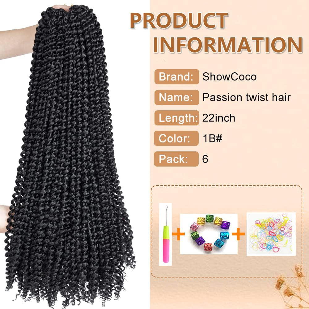 Passion Twist Hair 22 Inch Water Wave Crochet Hair 6 Packs Passion Twists Braiding Hair Long Bohemian Synthetic Hair Passion Twist Hair Extensions(22Inch, 1B)
