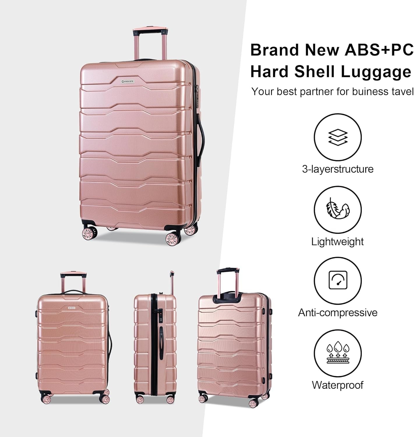 Luggage Set 3 Piece, PC+ABS Lightweight Suitcase Sets with Spinner Wheels, Hard Shell Luggage Sets with TSA Lock Rosegold (20/24/28)