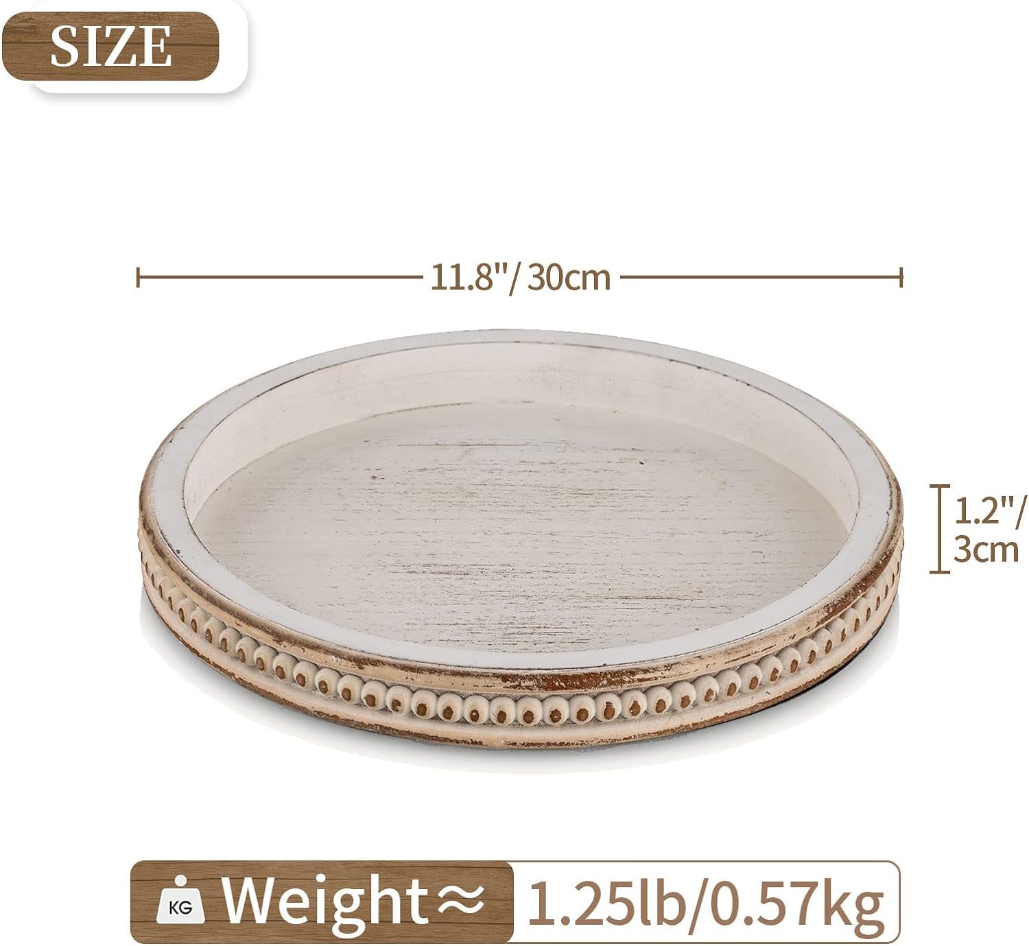 Decorative Serving Tray Wood: White Washed Bead round Tray Decor for Coffee Table Rustic Wooden Trays Farmhouse Centerpiece for Living Room Kitchen Counter