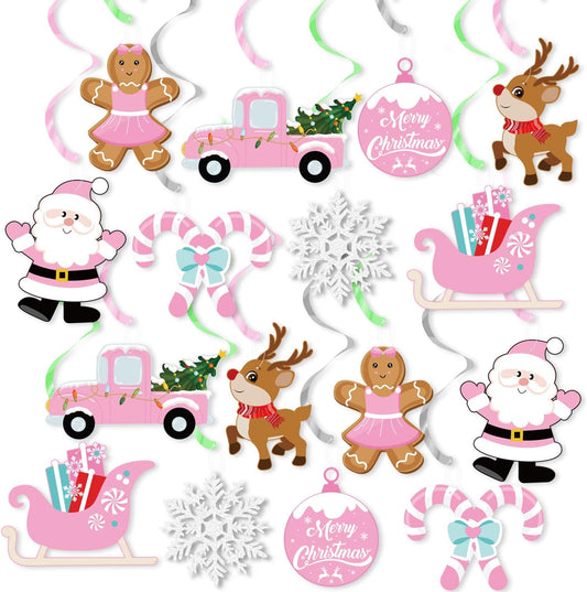 Christmas Party Decorations,Pink Cute Christmas Theme Party Hanging Swirls Foil Ceiling Decor for Christmas, Birthday Party Supplies&Baby Shower Winter Party