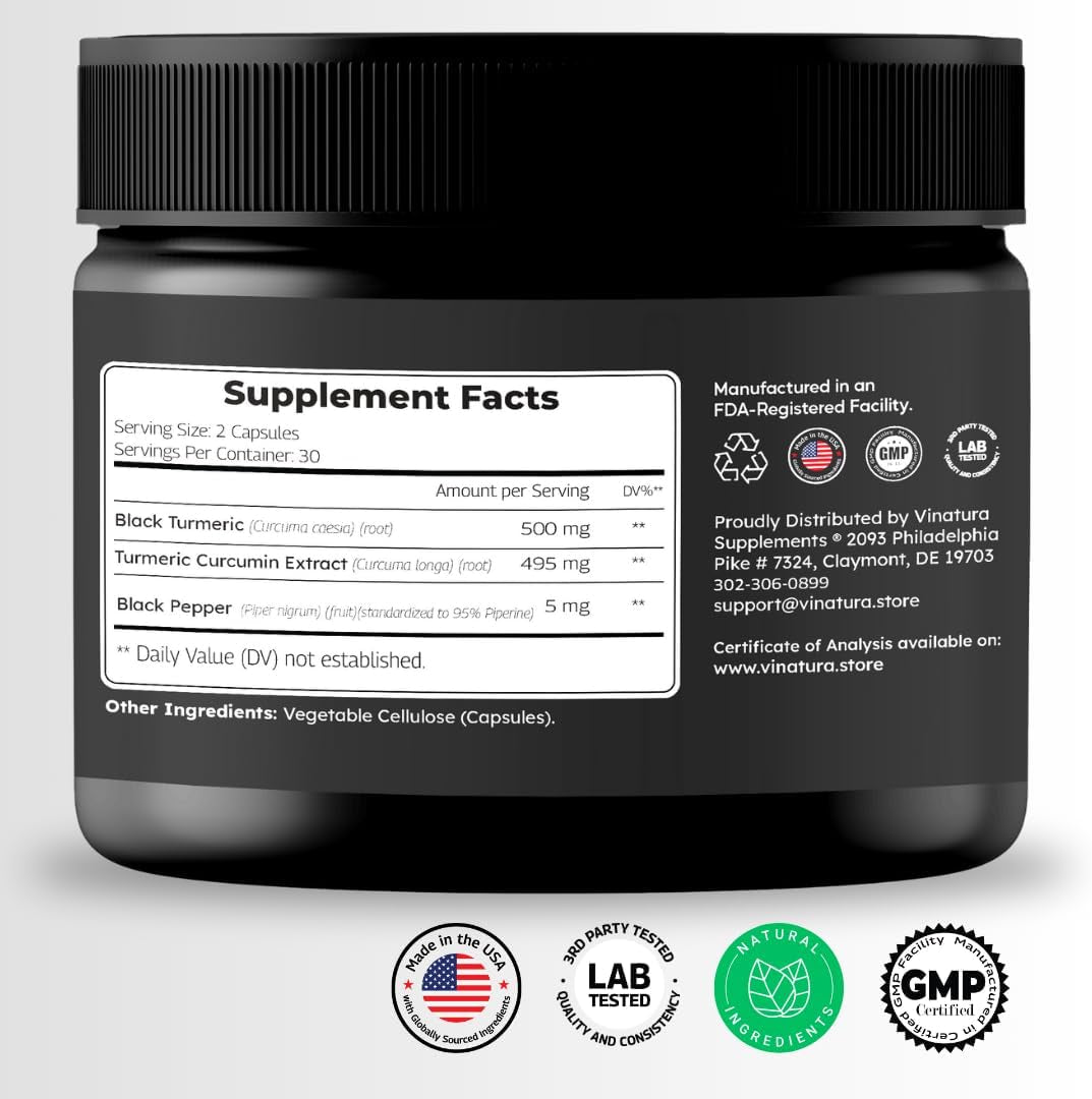 Black Turmeric, Curcumin with Black Pepper 1000Mg - Turmeric Curcumin with Turmeric Black - Curcuma Caesia, Curcuma Longa, Black Pepper 95% Piperine - 60 Capsules 30 Servings TLBH