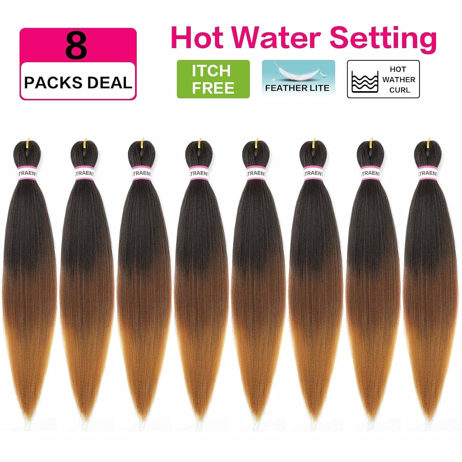 Prestretched Braiding Hair 18 Inch Ombre Braiding Hair Pre Stretched 8 Packs Hot Water Setting Yaki Texture Hair Braids 1B/30/27