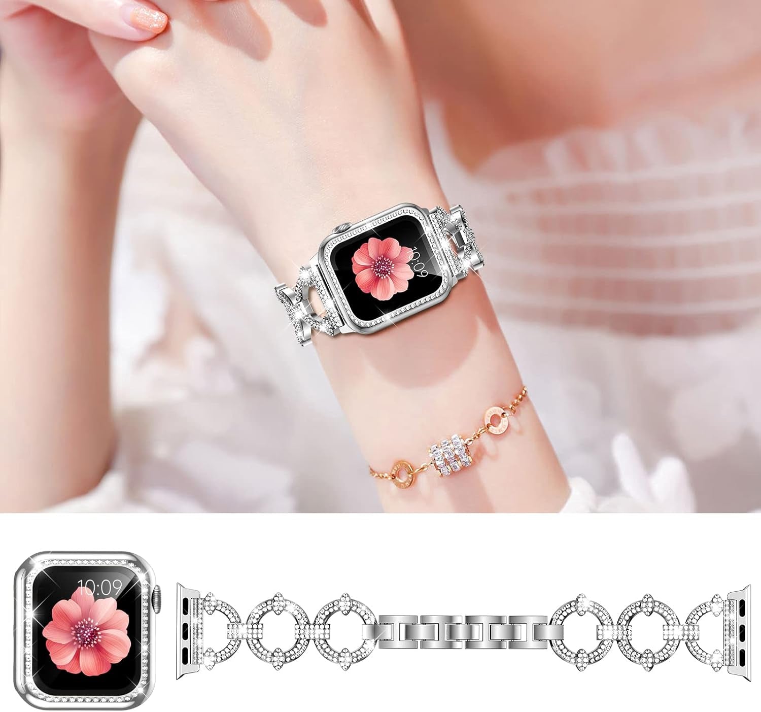 Compatible with Apple Watch Band 38Mm 40Mm 41Mm 42Mm 44Mm 45Mm , Women Girl Bling Diamond Jewelry Metal Strap Bands with Crystal Tempered Glass Screen Protector Case, round Shiny Bracelet Wristband for Iwatch Series 9/8/7/6/5/4/3/2/1/SE