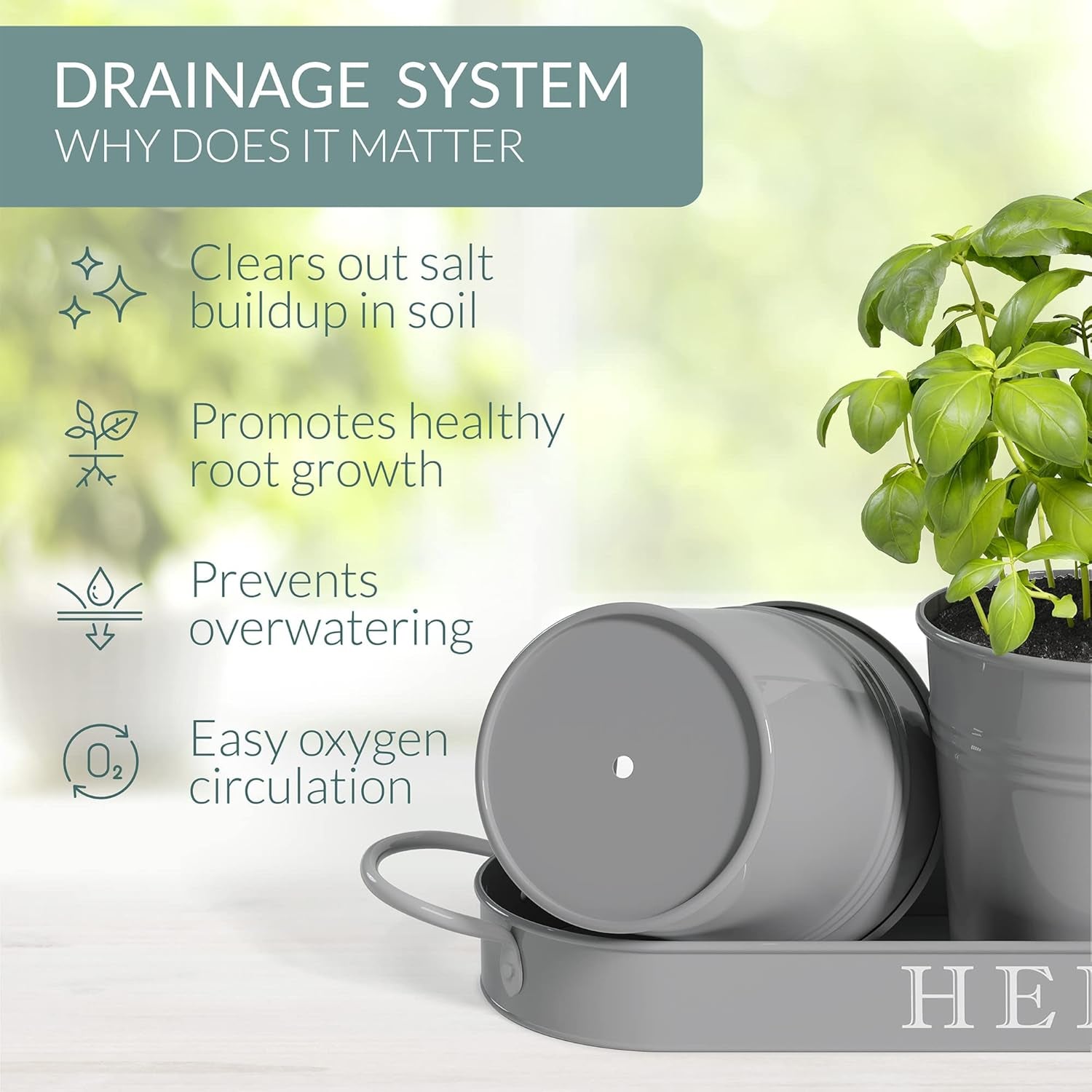 Indoor Herb Garden Planter Set with Tray, Metal Windowsill Plant Pots with Drainage for Outdoor or Indoor Plants, Set/3 (Cool Grey)