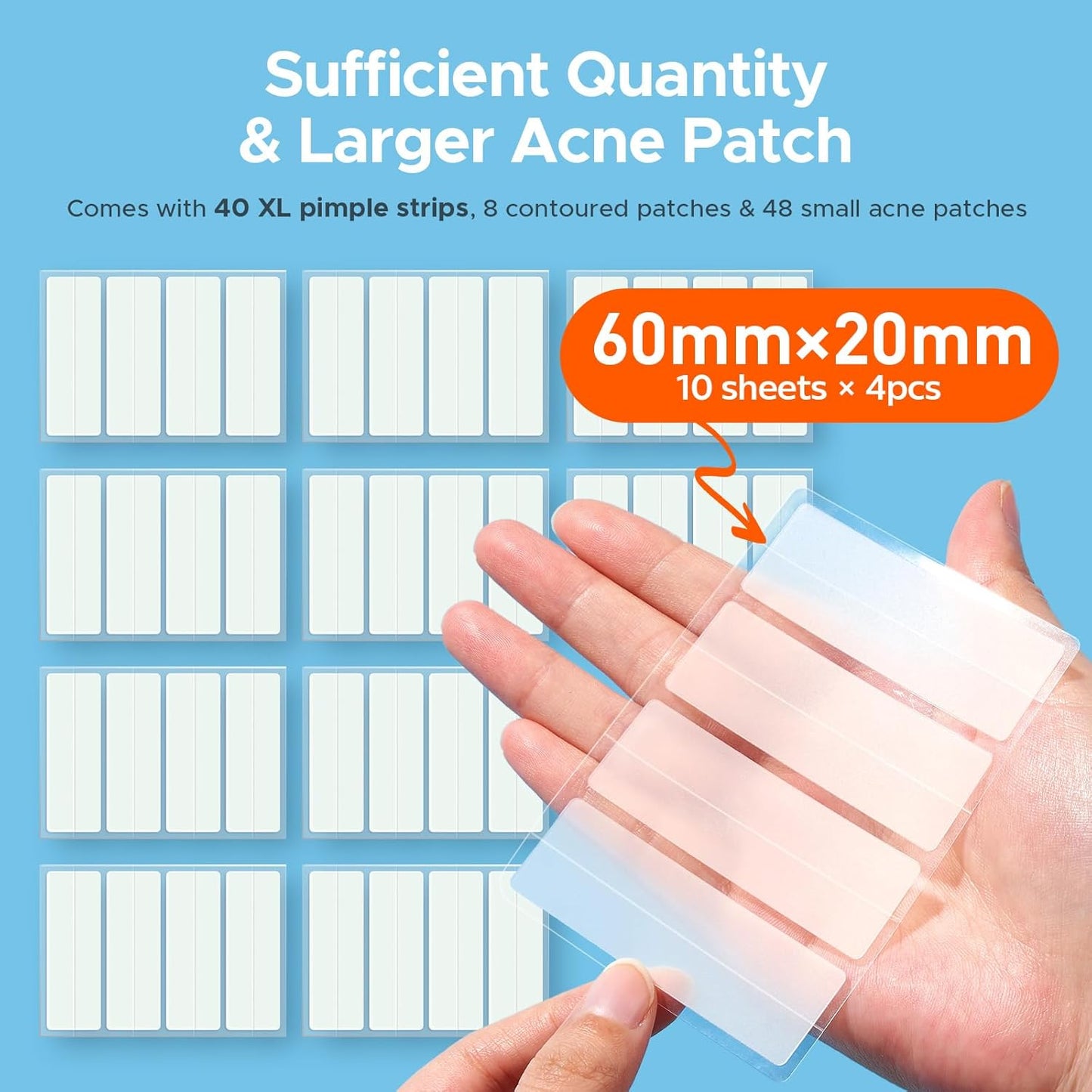 Large Pimple Patches for Face, XL Acne Patches 60 X 20 Mm, Big Hydrocolloid Bandages for Body, Forehead, Chin, Neck Zit Breakouts, Hydrocolloid Patch (Strip, Contoured, Dot 5 Sizes 96 Count)