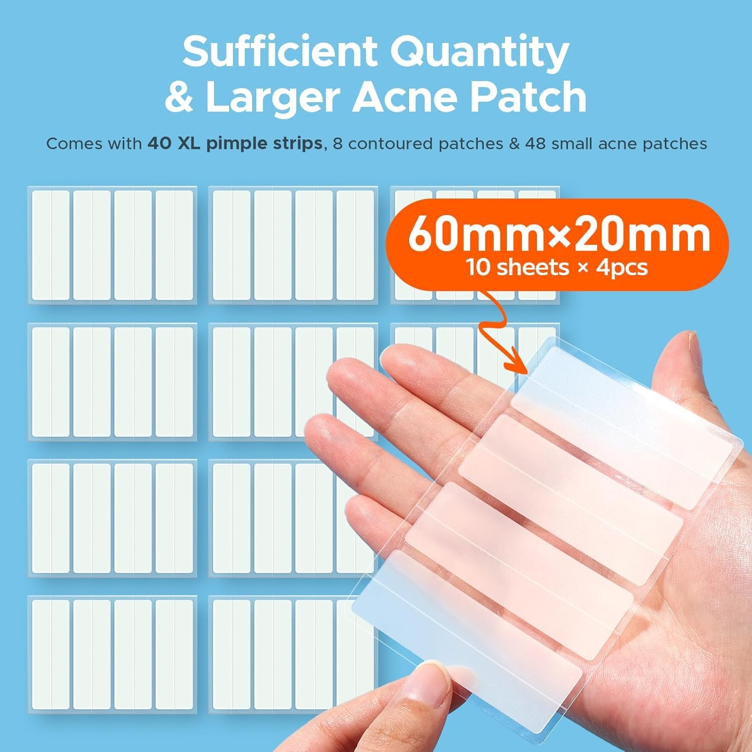 Large Pimple Patches for Face, XL Acne Patches 60 X 20 Mm, Big Hydrocolloid Bandages for Body, Forehead, Chin, Neck Zit Breakouts, Hydrocolloid Patch (Strip, Contoured, Dot 5 Sizes 96 Count)