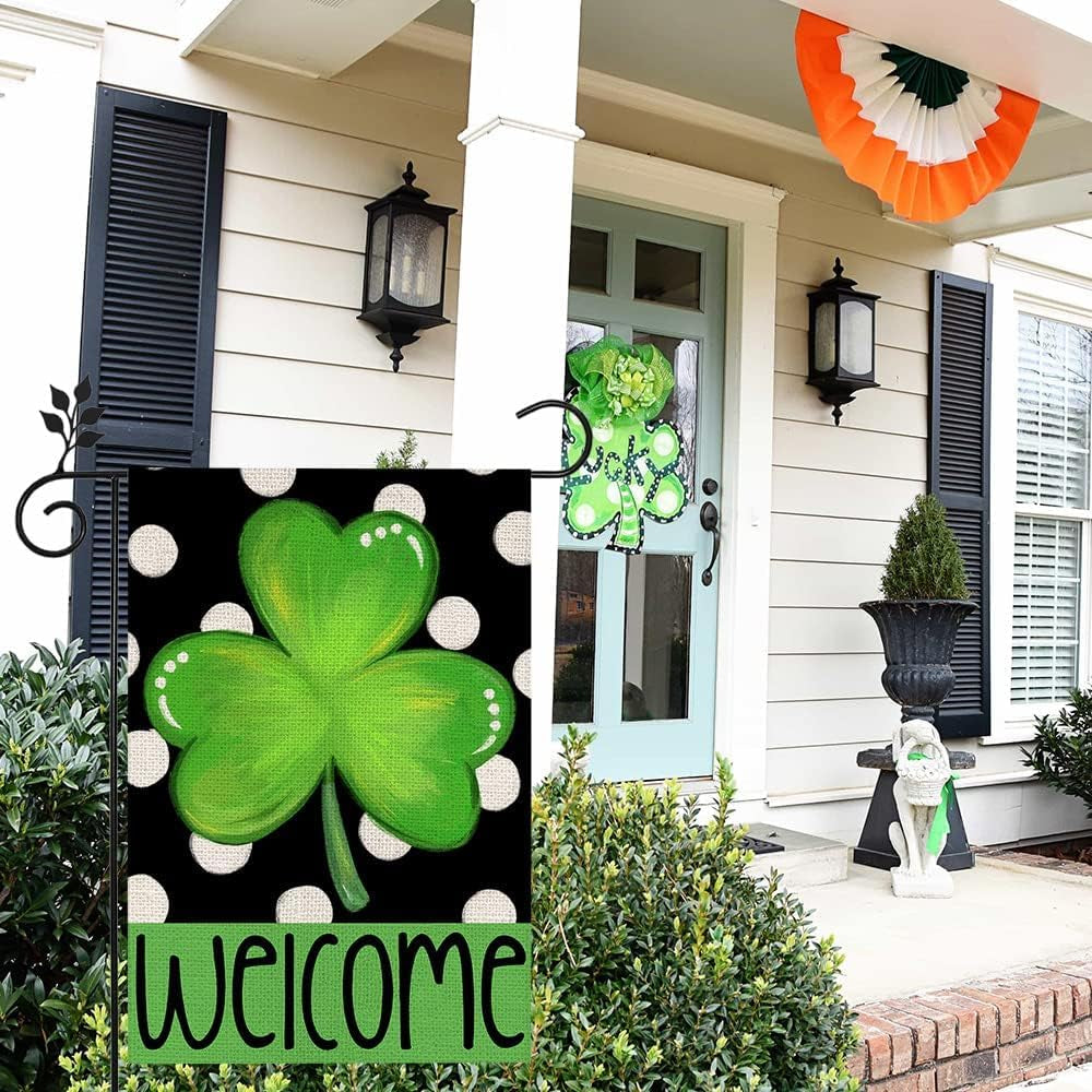 St Patricks Day Shamrock Garden Flag 12×18 Inch Double Sided Green Clover Small Burlap Welcome Polka Dots Holiday Yard Flag for Outside