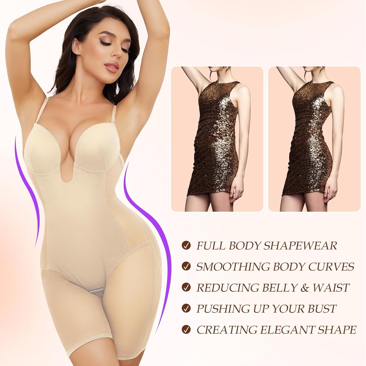 Body Shaper for Women Tummy Control U Plunge Backless Full Body Shapewear Mid Thigh Mesh Strapless Bodysuit Top
