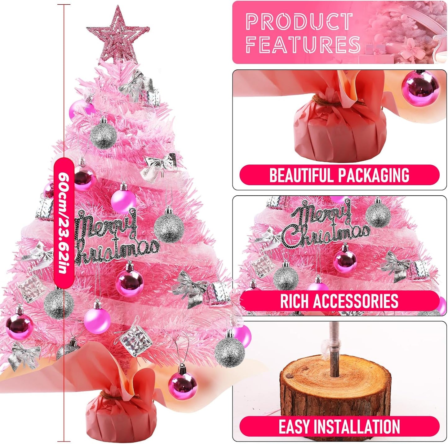 23 Inch Tabletop Christmas Tree with Led Lights,Artificial Mini Christmas Tree, DIY Artificial Tabletop Christmas Tree,Christmas Decorations for Home Desktop Xmas Tabletop Decoration (Pink)