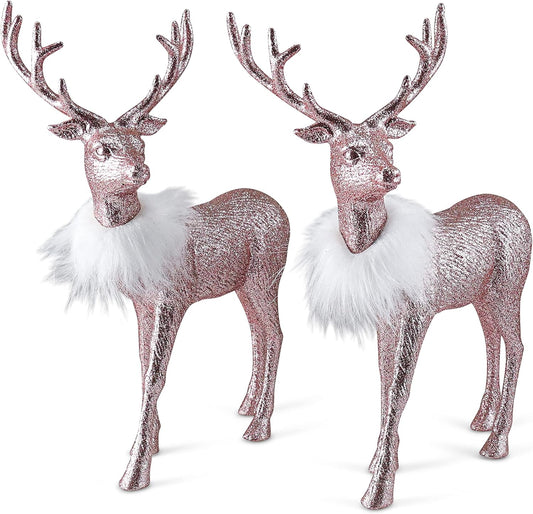 Rose Glitter Christmas Reindeer - Xmas Holiday Party Deer Figurine Statues Dinner Tabletop Decorations Centerpiece Mantle - 12" Pack of 2