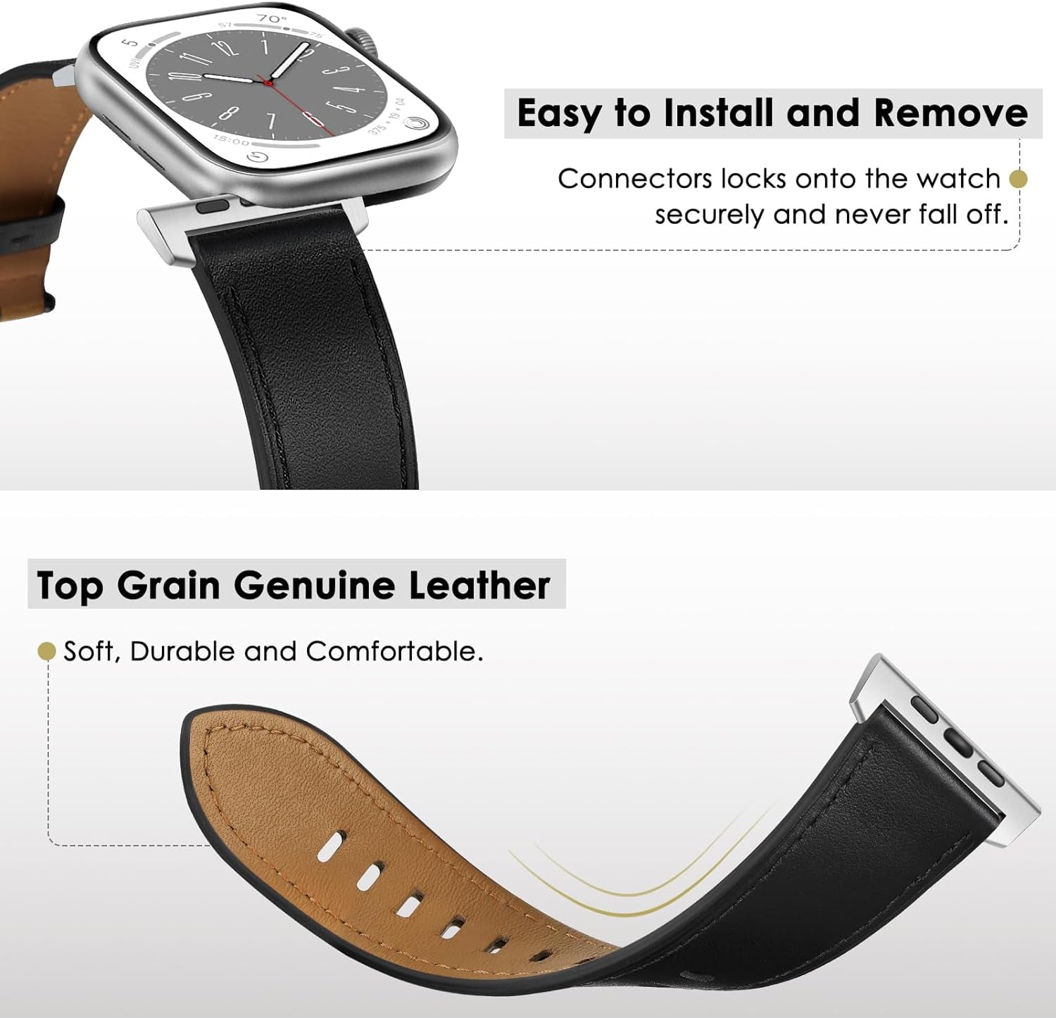 Compatible with Apple Watch Band 41Mm 40Mm 38Mm Men Women, Top Grain Genuine Leather Band Strap for Iwatch Series 9 8 7 6 5 4 3 2 1 SE, Black/Silver