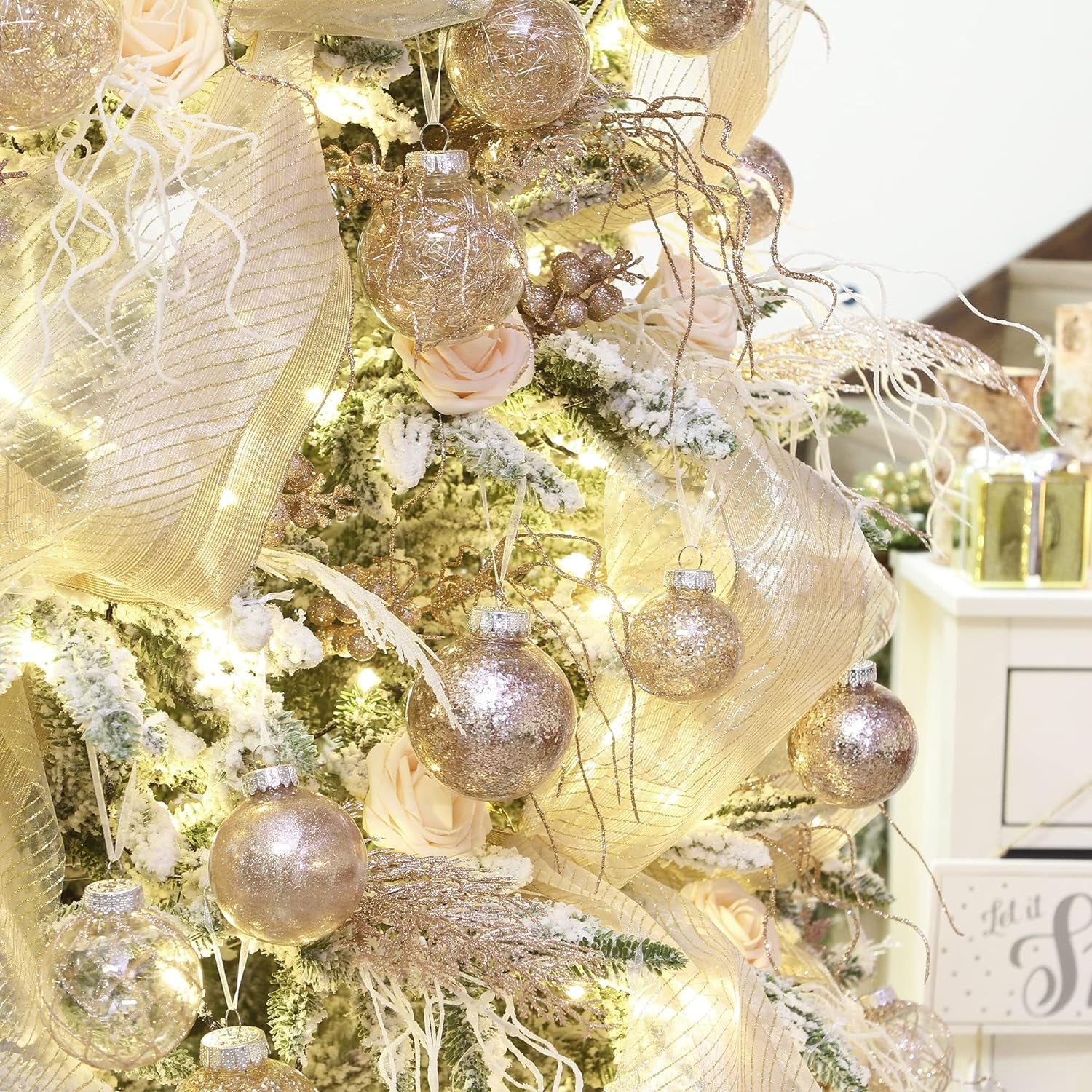 Shatterproof Clear Plastic Christmas Ball Ornaments Decorative Xmas Balls Baubles Set with Stuffed Delicate Decorations (60Mm/2.36''/30-Pack, Rose Gold)