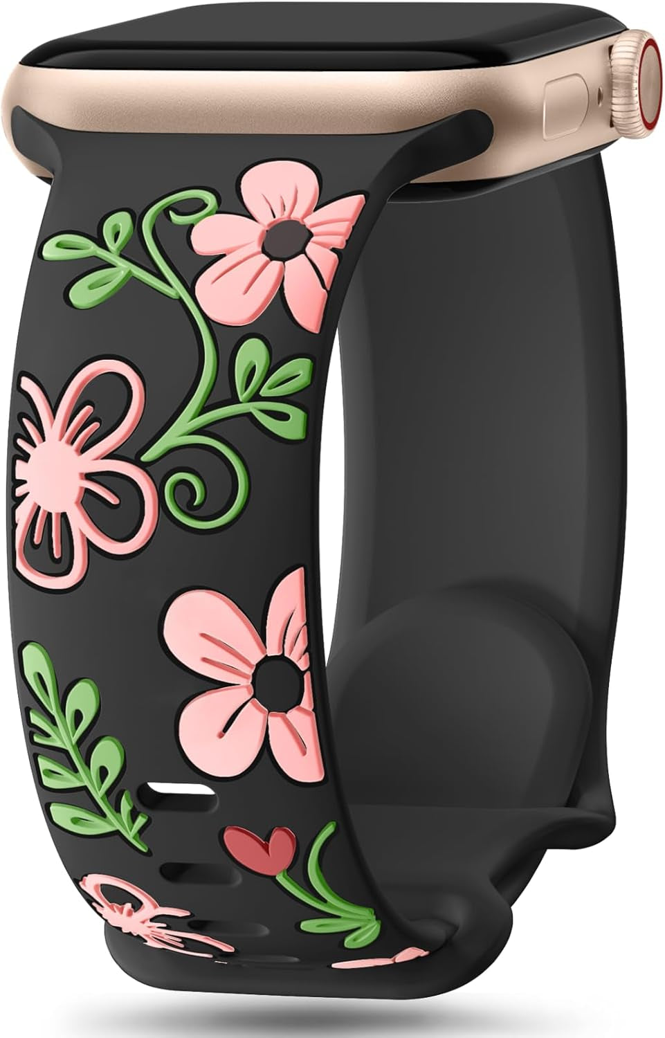 Floral Band Compatible with Apple Watch Bands for Women 40Mm 41Mm 38Mm 42Mm 44Mm 45Mm 46Mm 49Mm, Engraved Cute Flower Silicone Inlay Dressy Strap for Iwatch Series 10 9 8 7 6 5 4 3 2 SE Ultra