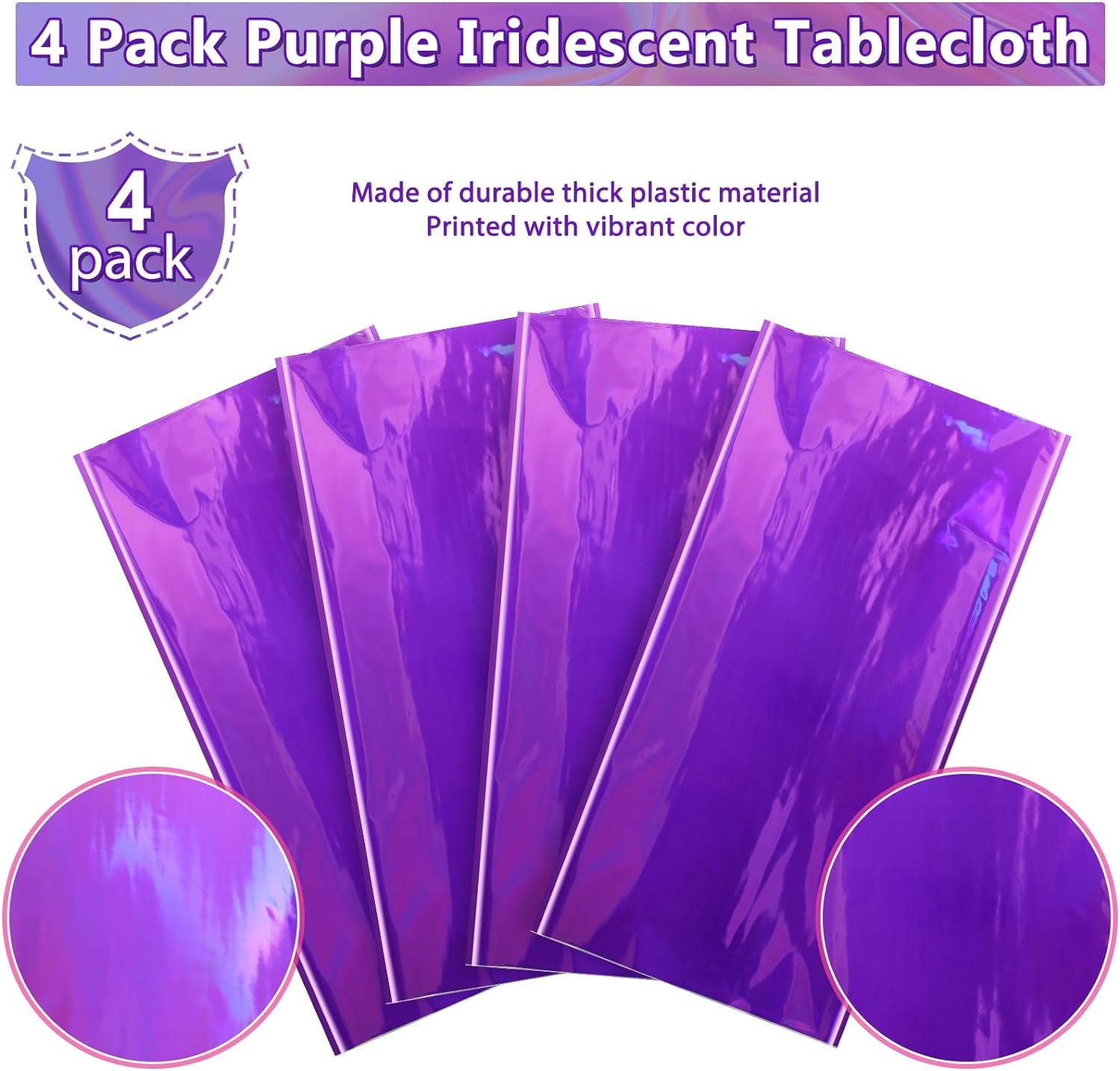 4 Pack Iridescent Purple Plastic Tablecloths, Shiny Disposable Laser Rectangle Table Covers, Holographic Foil Tablecloth Iridescent Party Decorations for Birthday Bridal Wedding Christmas, 54X108 Inch