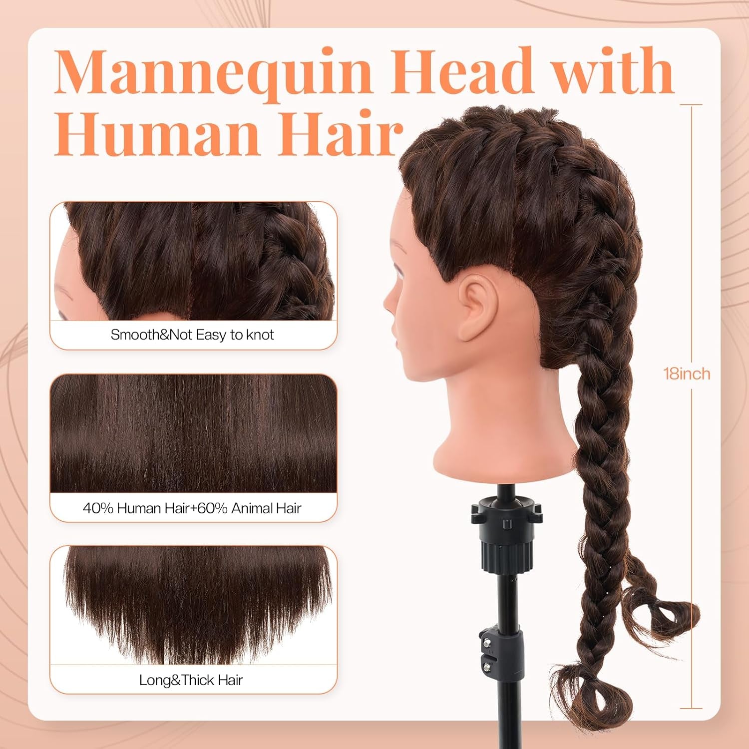 100% Mannequin Head Human Hair,18” Dark Brown Mannequin Head with Stand,Real Hair Braiding Cosmetology Manikin Head with Mannequin Head Stand,Doll Head for Hair Styling Training with Table Clamp