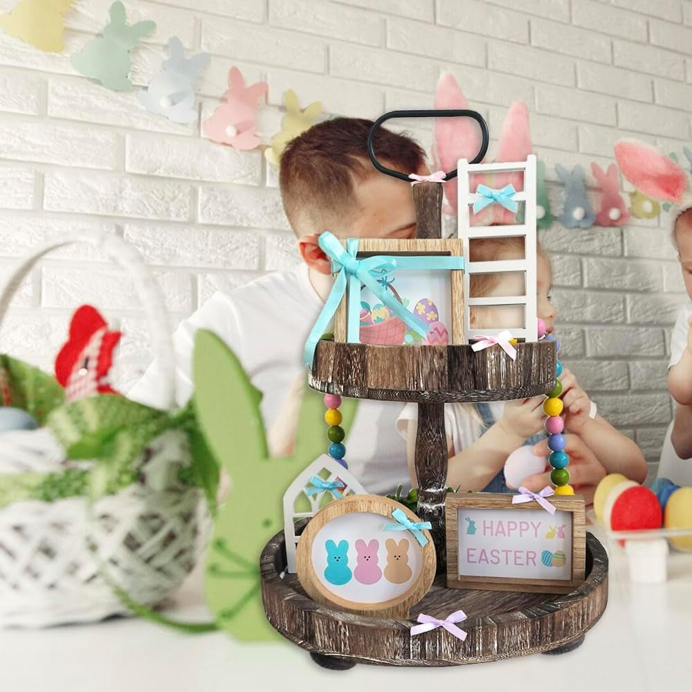 Christmas Wooden Tiered Tray Decor Set, 53 Pcs Seasonal Interchangeable Tiered Tray Decorations with Cards for Thansgiving Day, Spring, Summer... Home Kitchen Table Centerpiece(Tray Not Include)