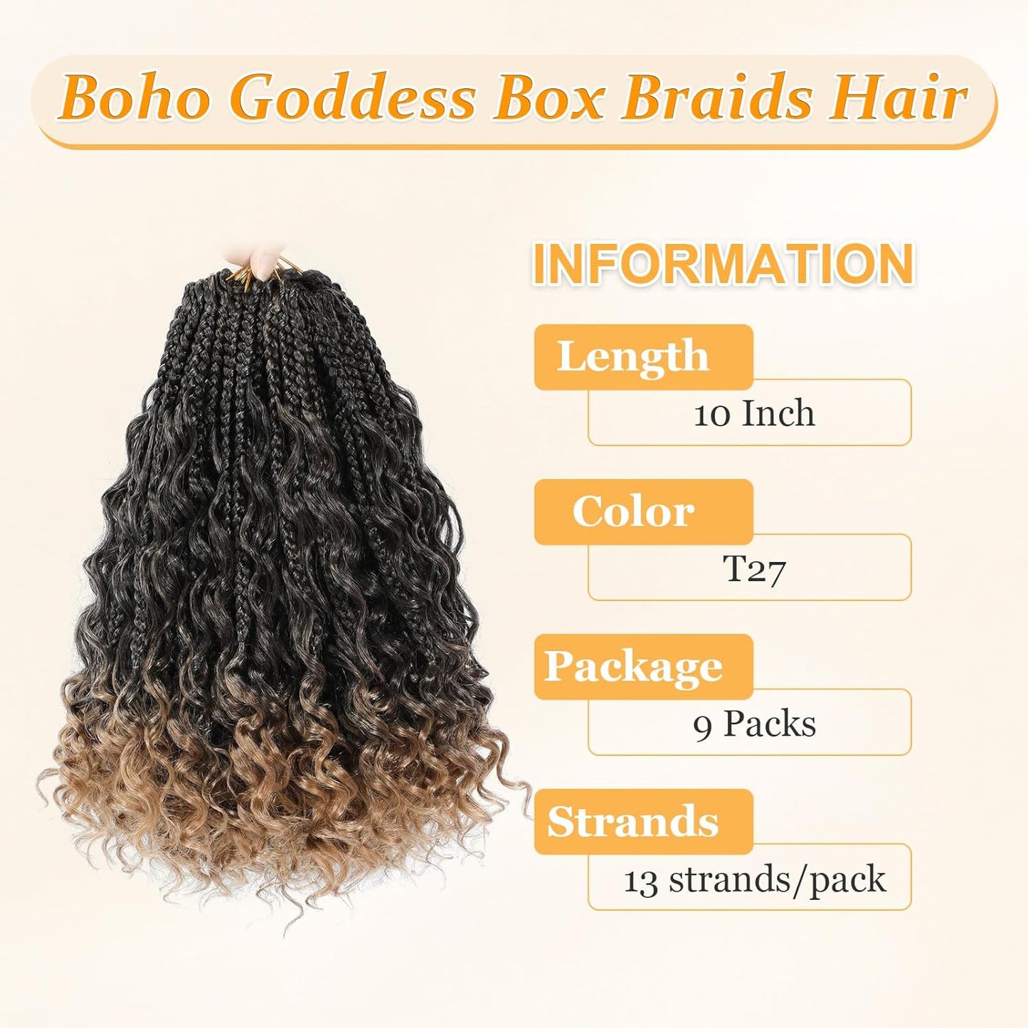 Goddess Box Braids Crochet Hair 10 Inch Boho Crochet Box Braids with Curly Ends, 9 Packs Bohomian Box Braids Crochet Hair for Black Women Pre Looped Box Braids Crochet Hair (10Inch 9 Packs,T27)