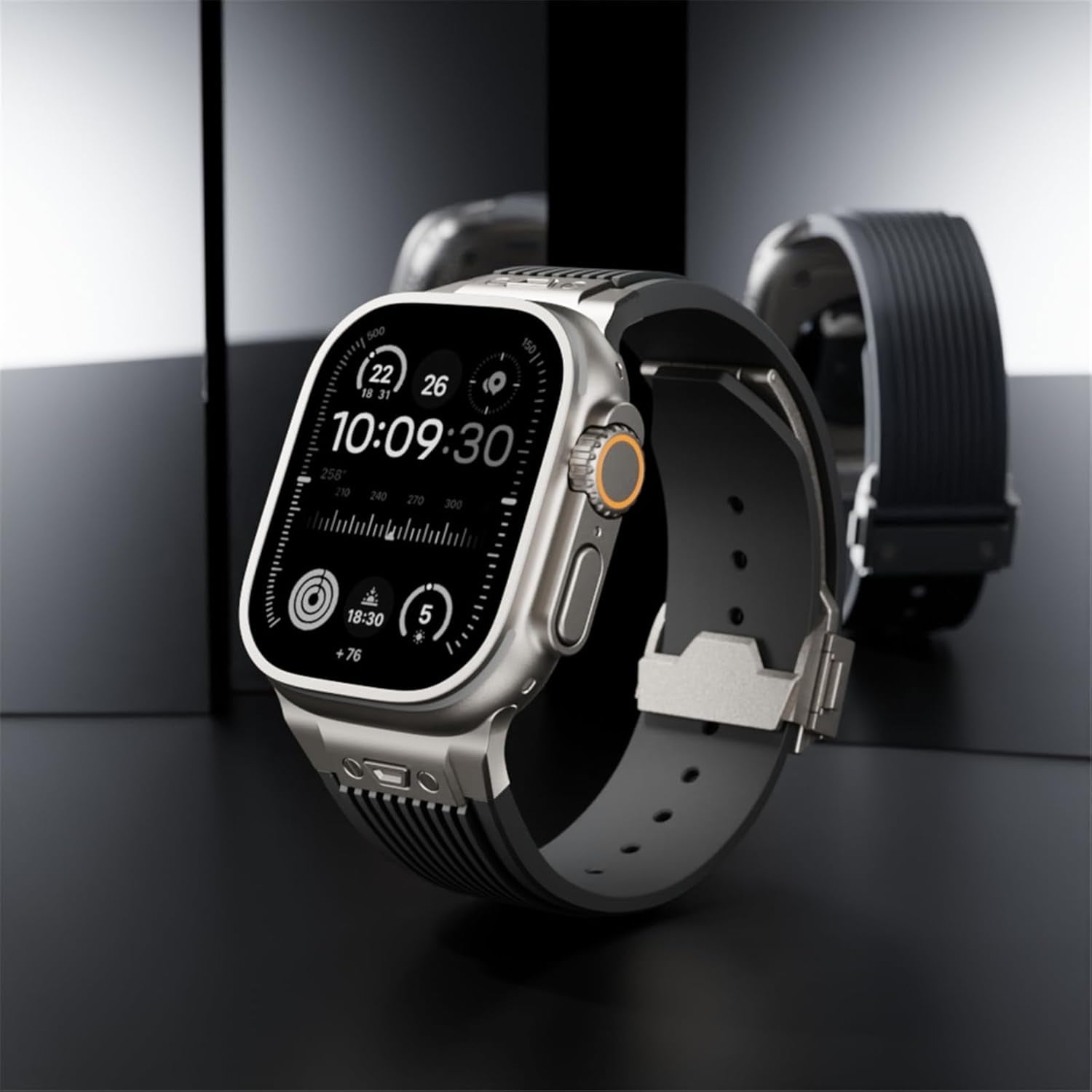 Watch Band for Apple Watch Ultra 2 Band 49Mm 45Mm 44Mm 42Mm, Men Luxury Rugged Silicone Rubber Strap with Metal Connector & Folding Clasp for Iwatch Ultra Series 9 8 7 6 5 4 3 2 1 SE