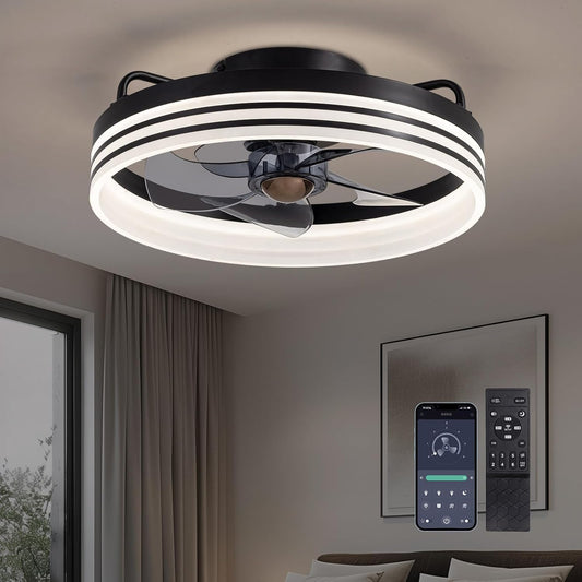 Ceiling Fans with Lights and Remote, Low Profile Ceiling Fan with Stepless Dimming Lighting, 6 Wind Speeds, 15.7 Inch Flush Mount Ceiling Fan for Bedroom