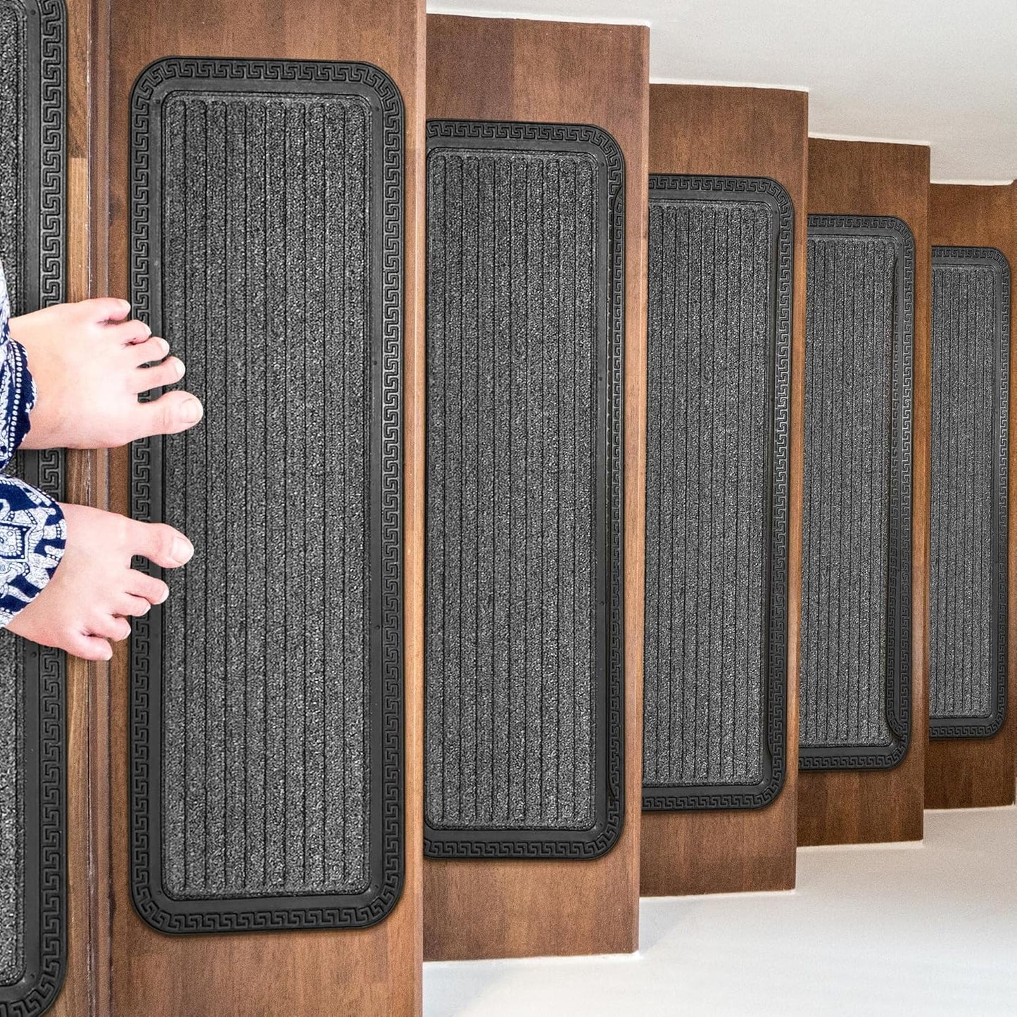 Indoor/Outdoor Hose-Wash Striped Design Non-Slip Rubber 10" X 30" Modern Stair Treads for Stairs, Garage, Patio, 5 Pack, Gray