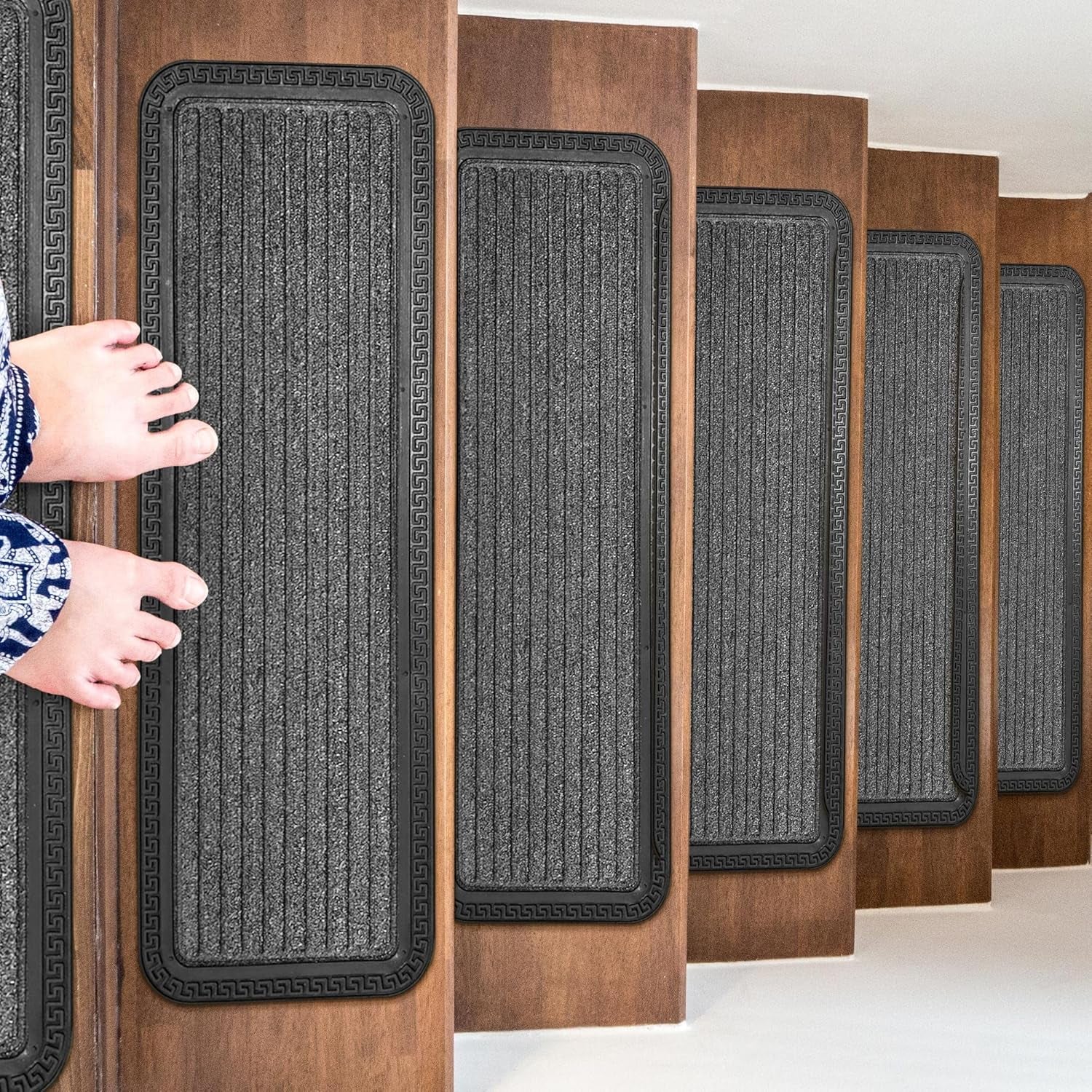 Indoor/Outdoor Hose-Wash Striped Design Non-Slip Rubber 10" X 30" Modern Stair Treads for Stairs, Garage, Patio, 5 Pack, Gray