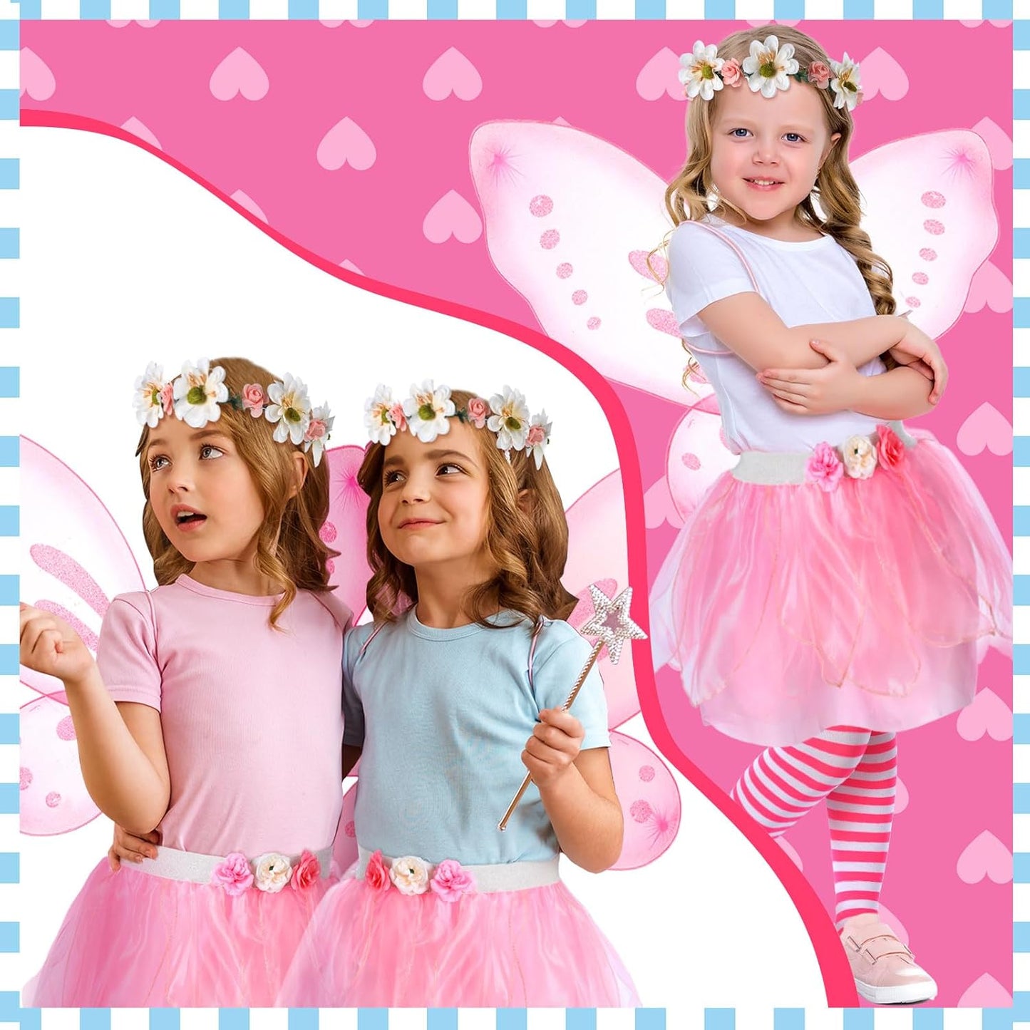 4 Pcs Halloween Girls Costume Includes Wings Tutu Headband Striped Tights for Kids Toddler Halloween