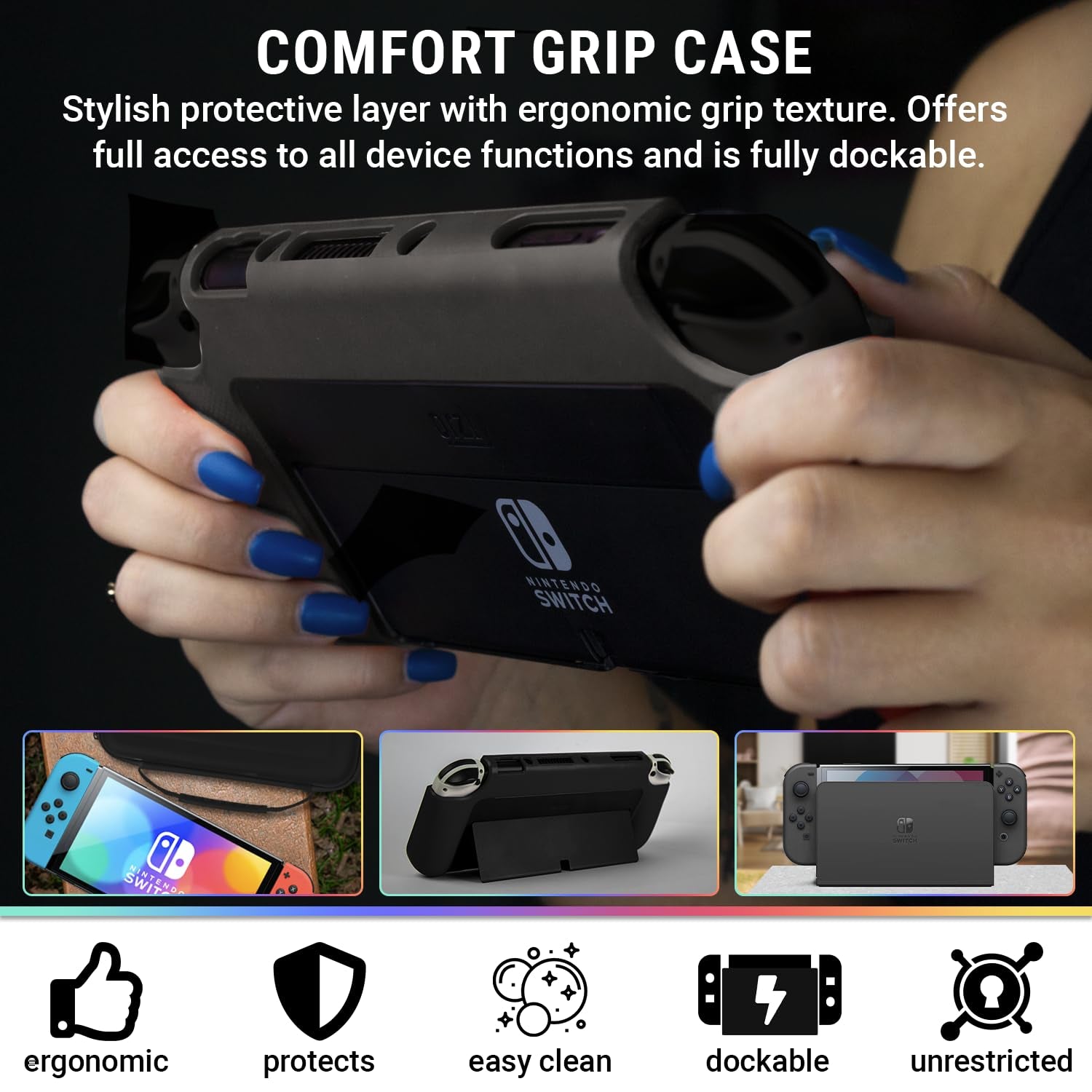 Switch Accessories Bundle -  Essentials Pack for Nintendo Switch OLED Case & Screen Protector , Grip Case, Games Holder, Headphones - Classic Black Edition