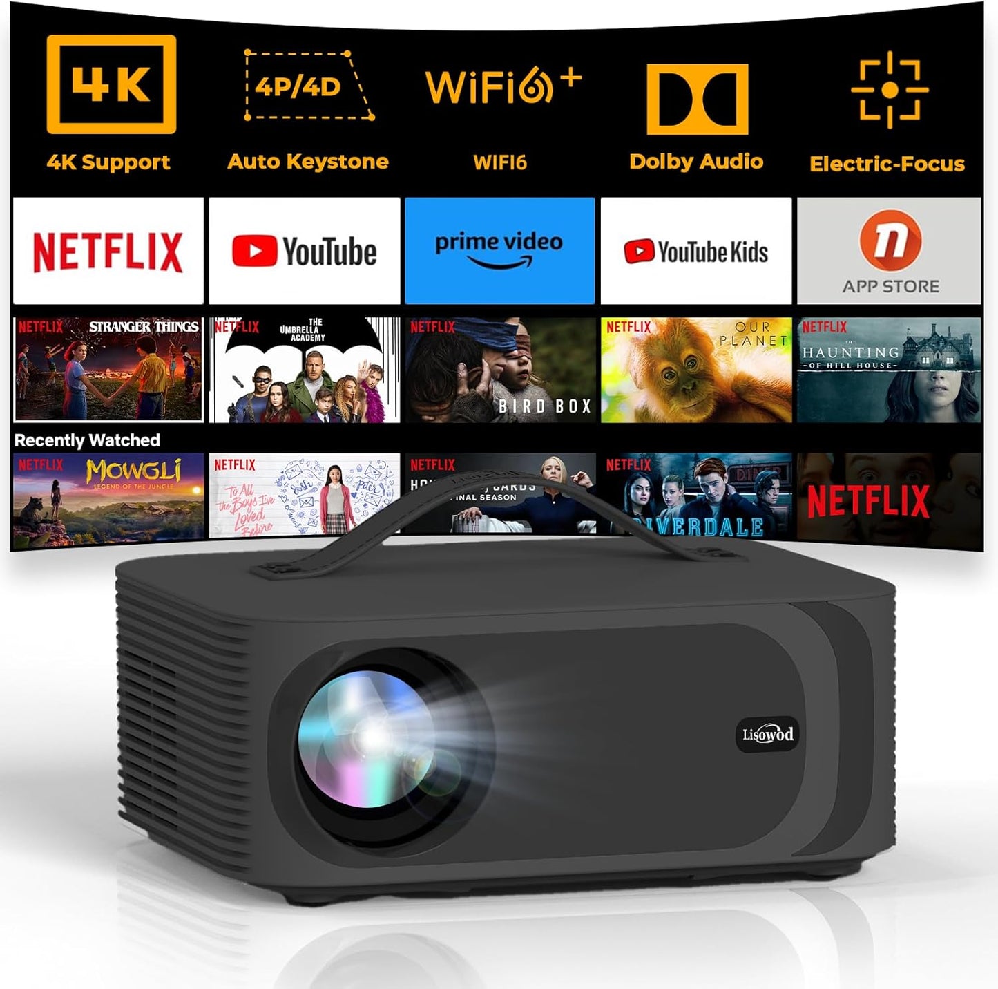[AI Movin System Netflix-Licensed&Dolby] Smart-Projector-4K with Wifi 6 and Bluetooth,1000 ANSI Native 1080P,  Electric Focus Keystone Portable Proyector with Netflix/Youtube/Prime Video