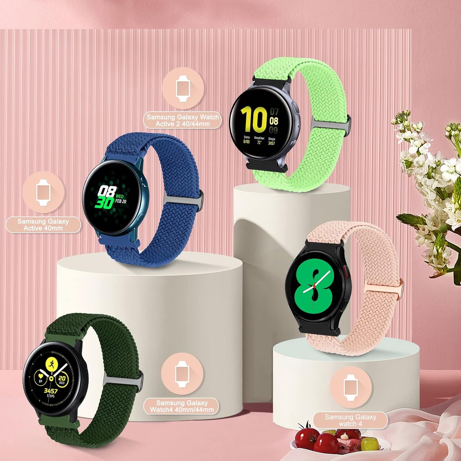 5 Packs Stretchy Loop Bands Compatible with Samsung Galaxy Watch 5/4 40Mm 44Mm/Galaxy Watch 5 Pro 45Mm/Galaxy Watch 4 Classic 42Mm 46Mm,20Mm Adjustable Nylon Braided Straps for Women Men