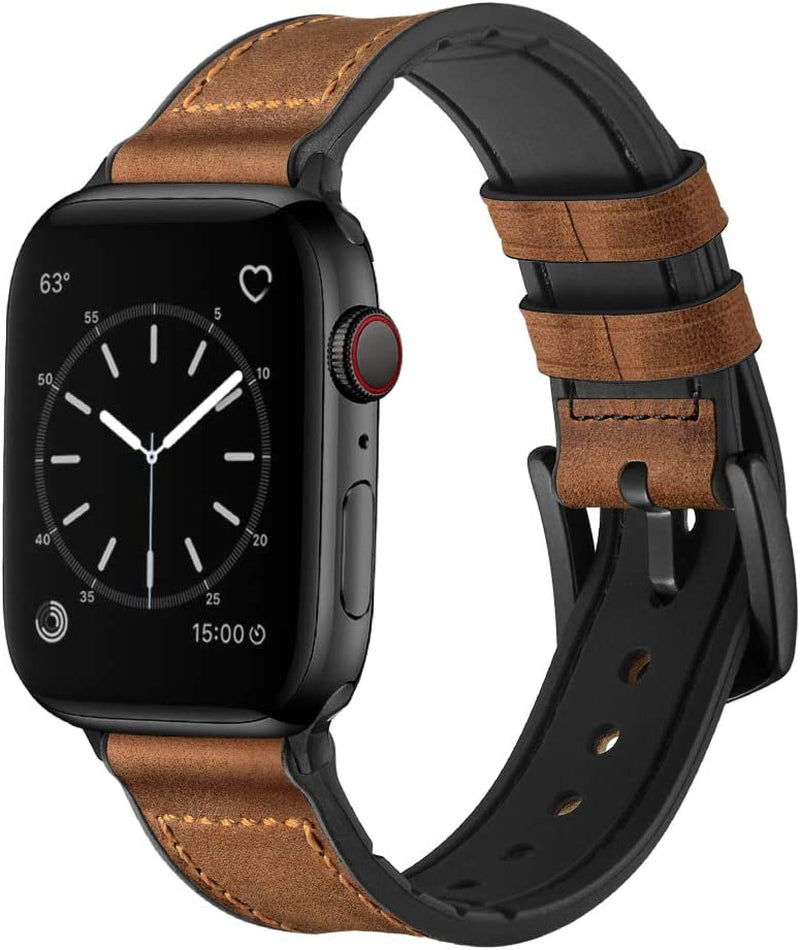 Compatible with Apple Watch Band 49Mm 45Mm 44Mm 42Mm, Sweatproof Genuine Leather and Rubber Hybrid Band Strap for Iwatch Ultra 2/1 Series 9 8 7 6 5 4 3 2 1 SE2 SE, Brown Band with Black Adapter