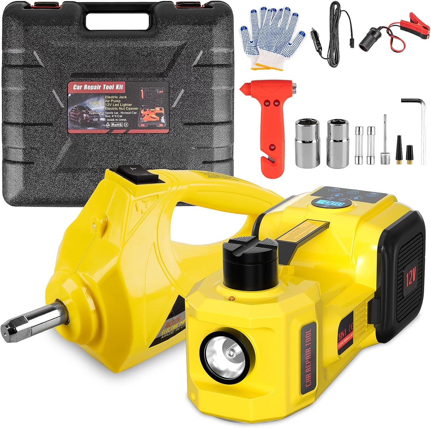 Electric Car Jack, 5 Ton 12V Digital Display Electric Jack for Car with E-Impact Wrench, Tire Inflator Pump and LED Light, (Lifting Range: 6.1~17.7 Inch) for Sedan, SUV, Truck Tire Change Replacement TRUCK DRIVER