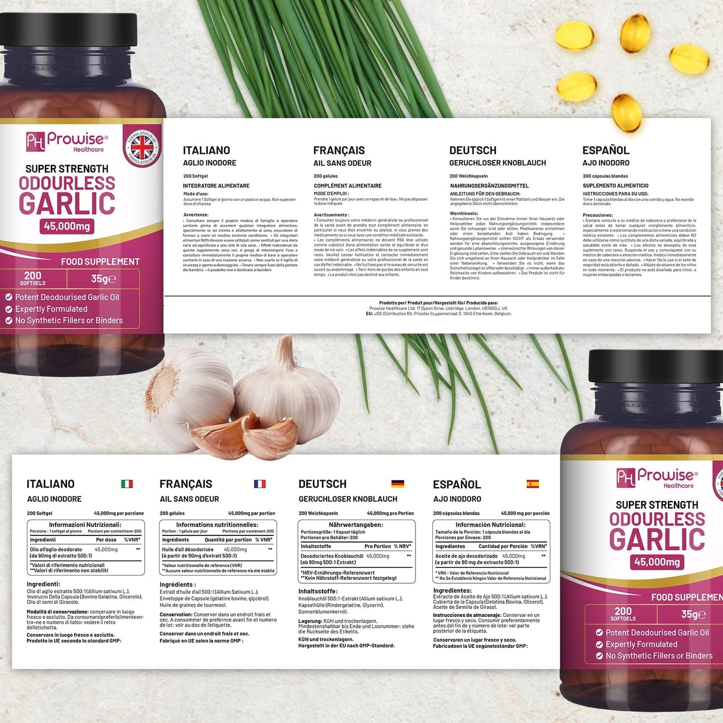 Premium Odourless Garlic Capsules | 45,000Mg per Softgel | 200 Softgels (Not Tablets) Super High Strength | Cold Pressed and Deodourised Premium Garlic Oil Extract from Allium Sativum TLBH