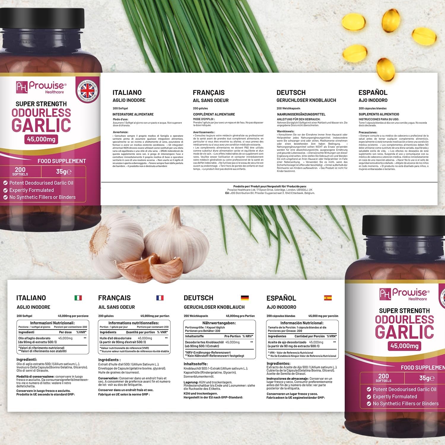 Premium Odourless Garlic Capsules | 45,000Mg per Softgel | 200 Softgels (Not Tablets) Super High Strength | Cold Pressed and Deodourised Premium Garlic Oil Extract from Allium Sativum TLBH