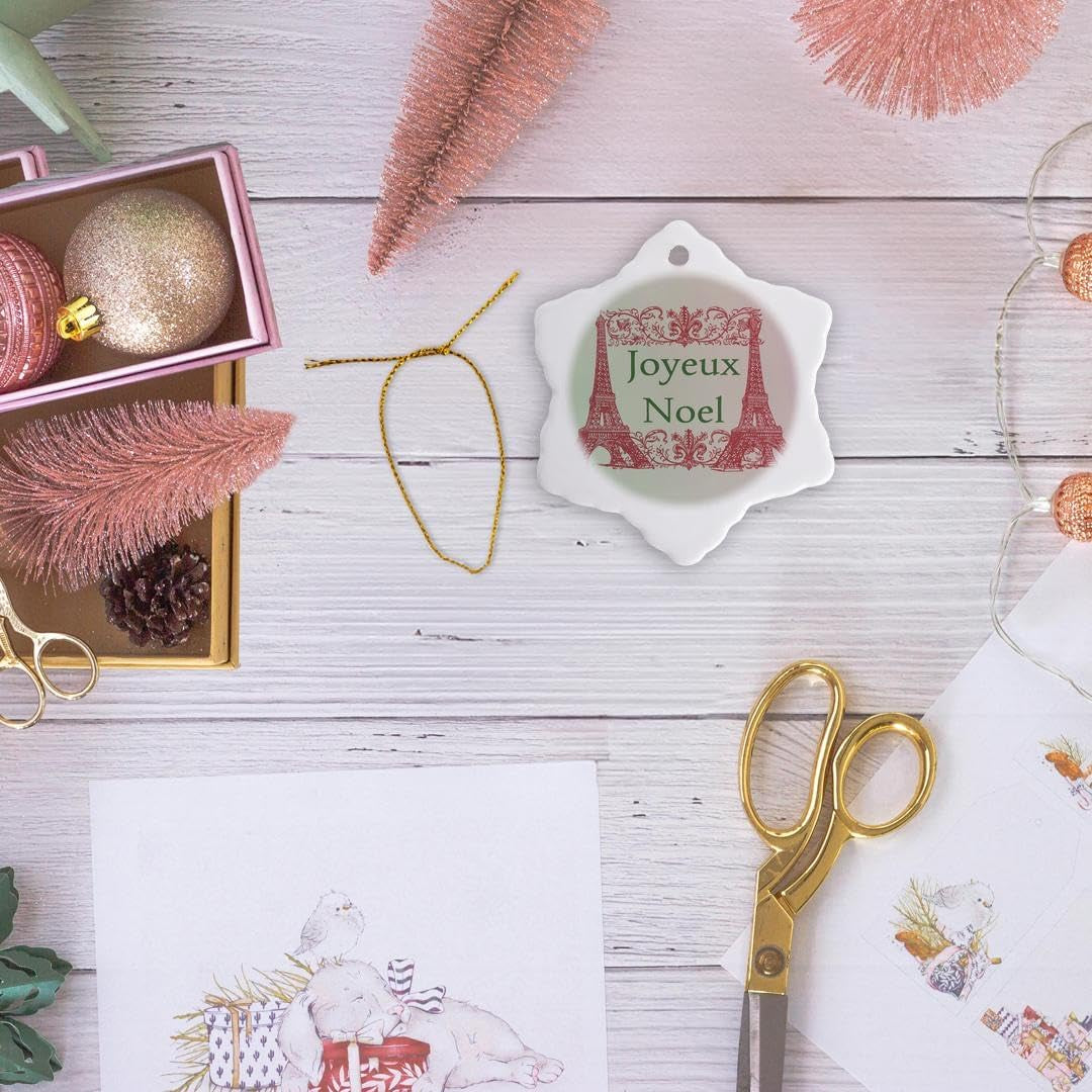 ORN_152141_1 Joyeux Noel Eiffel Towers French Merry Christmas Porcelain Snowflake Ornament, 3-Inch