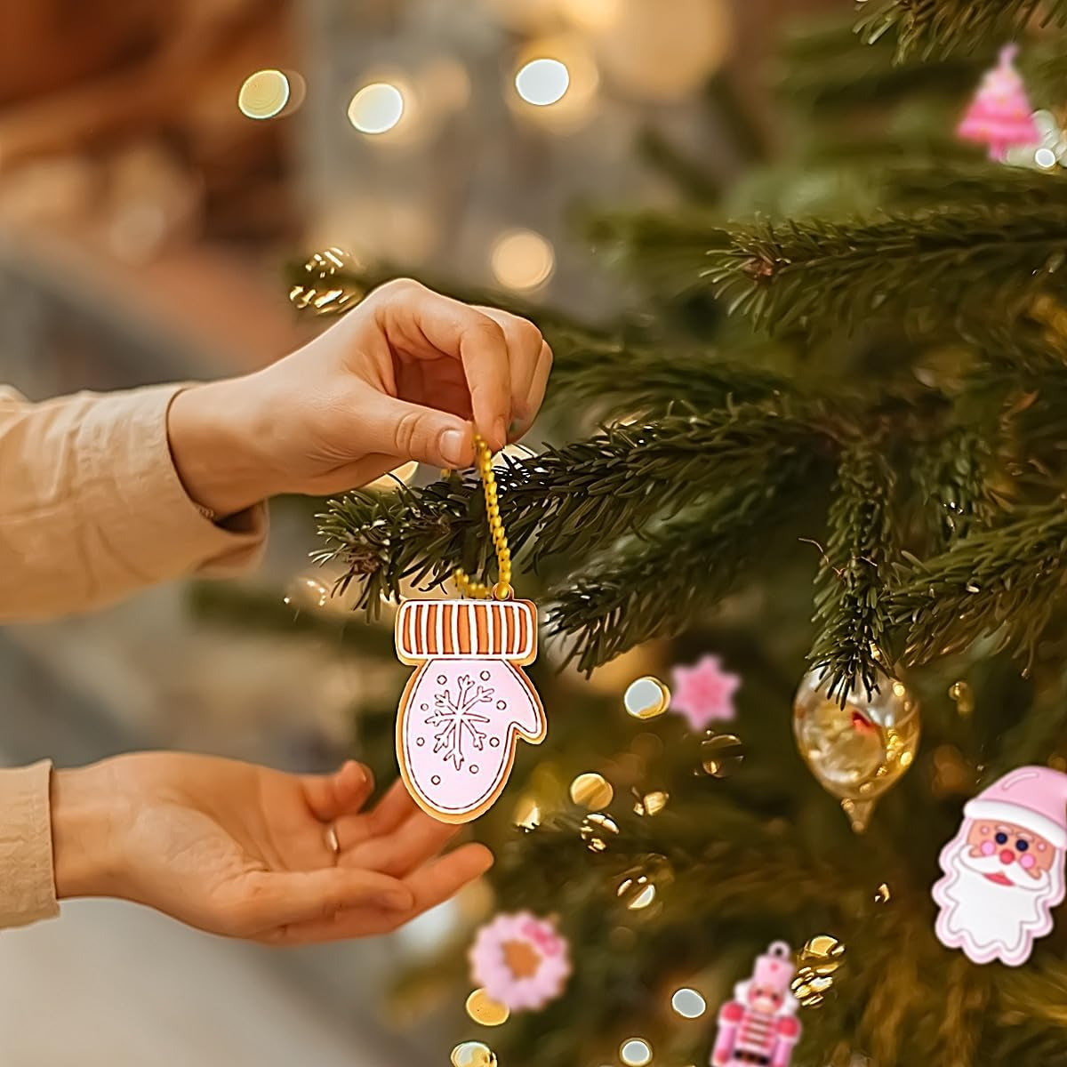 12 Pcs Pink Christmas Tree Hanging Ornament Cute Gingerbread Santa Claus Snowflake Decorations Figurines Christmas PVC Hanging Ornaments for Winter Xmas Holiday Party Favor Home Office Decor