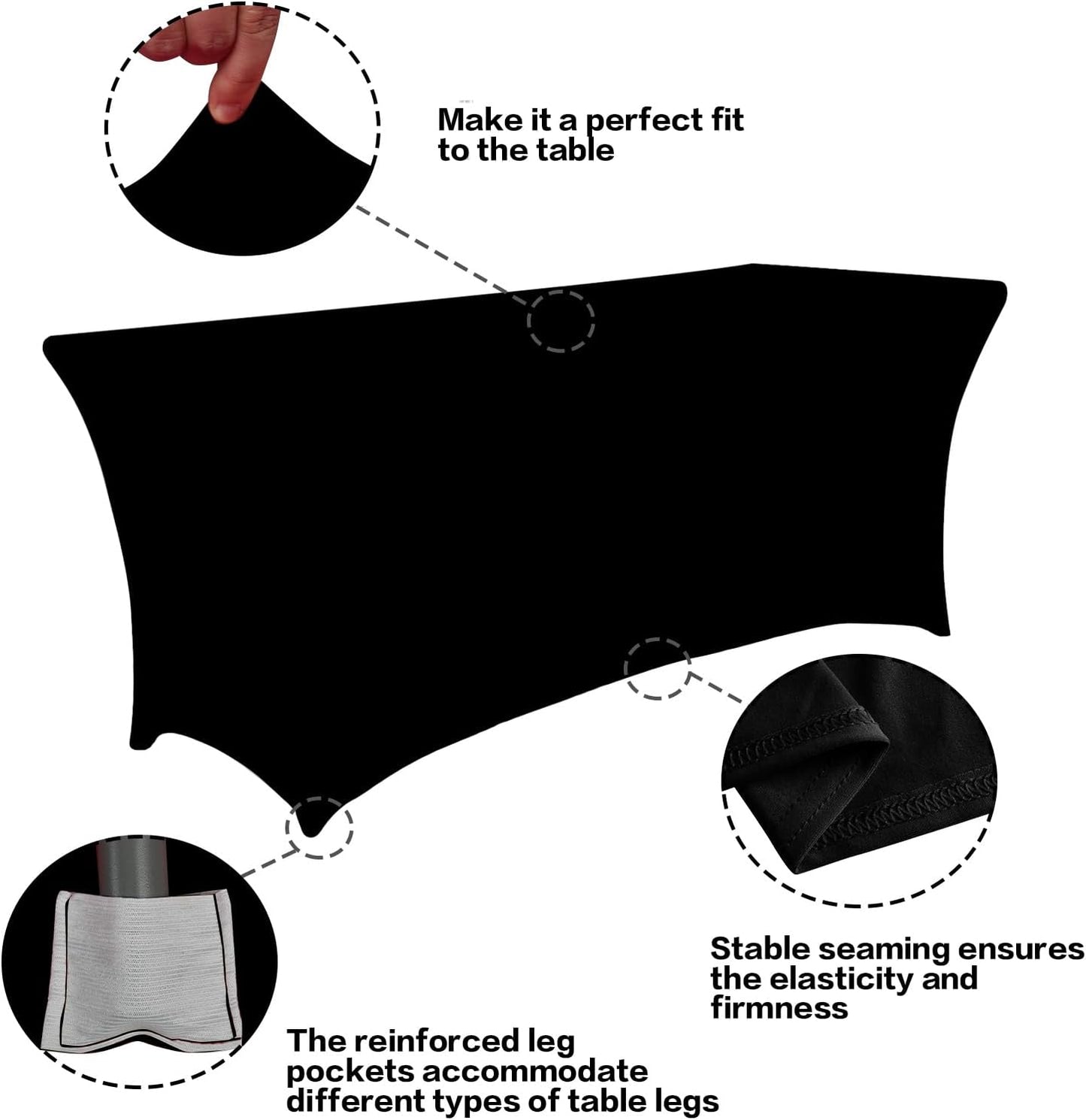 2 Pack 6FT Table Cloth for Rectangular Fitted Events Stretch Black Table Covers Washable Table Cover Spandex Tablecloth Table Protector for Party, Wedding, Cocktail, Banquet, Festival
