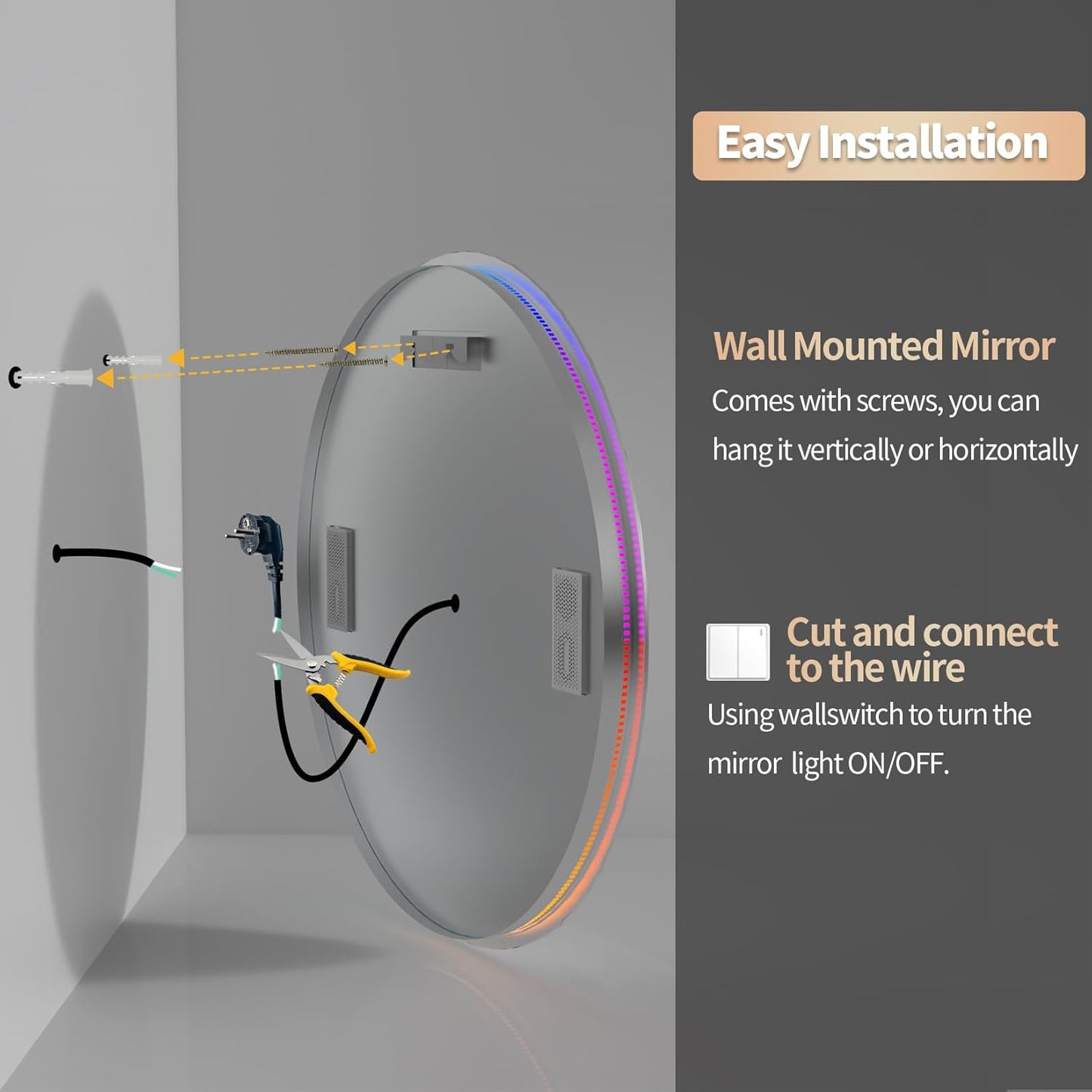 Front Lighted RGB Backlit Bluetooth Mirror: 32 Inch round Dimmable 11 Colors Smart Anti-Fog Bathroom Mirrors with Bluetooth Speaker - Wall Mounted LED Mirror with Digital Display