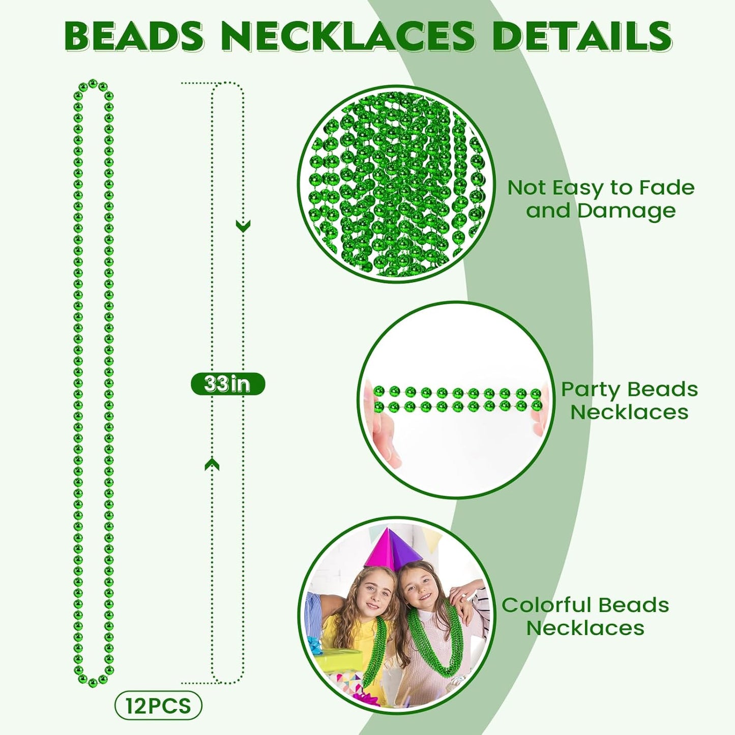 12 PCS St. Patricks Day Beads Necklace, 33" Green Mardi Gras Beads Necklaces Christmas Necklaces Irish Saint Patricks Necklaces for St. Patricks Day Mardi Gras Parade Throws Birthday Party Favors