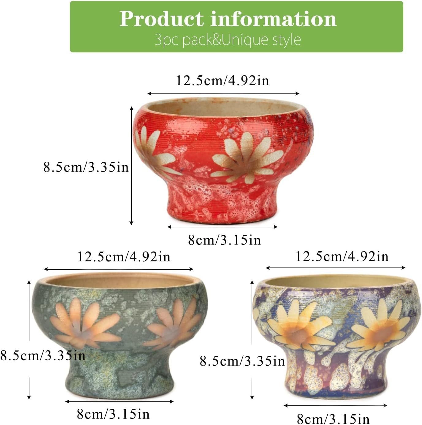 Small Succulent Planters Set of 3, Beautiful Hand Crafted Ceramic Plant Pots Cute Cactus Pot, 4.9 Inch Flower Pots for Indoor Plants with Drainage, Desktop Windowsill Home Office Decor Pots