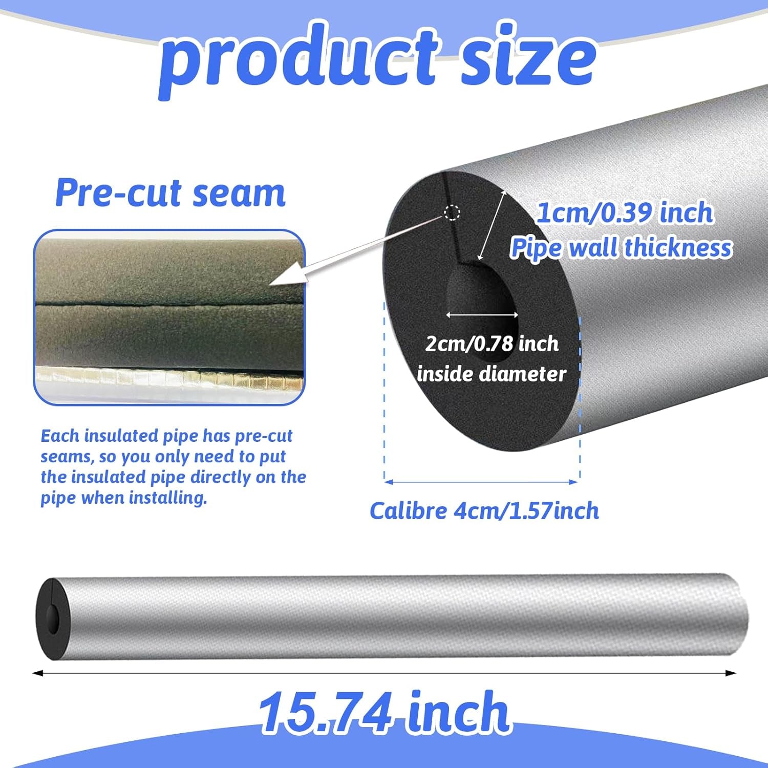 12 Pack Pipe Insulation Foam Tube, 3/4'' Self Adhesive Pre Slit Foam Pipe Covers Polyethylene with Aluminum Foil for Spigot, Winter outside Pipes, Sprinkler, Water Heater Pipes Freeze Protection