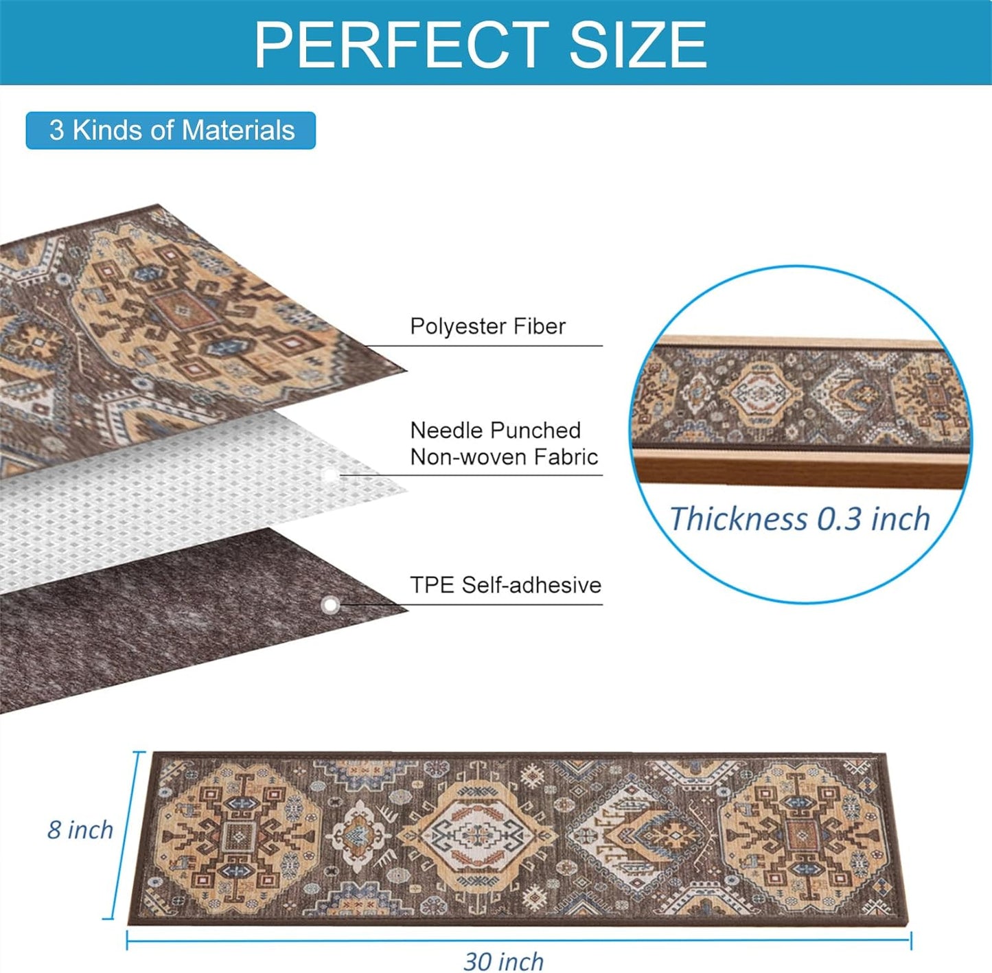 Non-Slip Carpet Stair Treads for Wooden Steps Indoor Set of 15 Pack 8" X 30" Peel and Stick Reusable Staircase Stair Runners Rugs, Soft Safety for Dogs, Kids & Elders, Stairway Grip, Brown