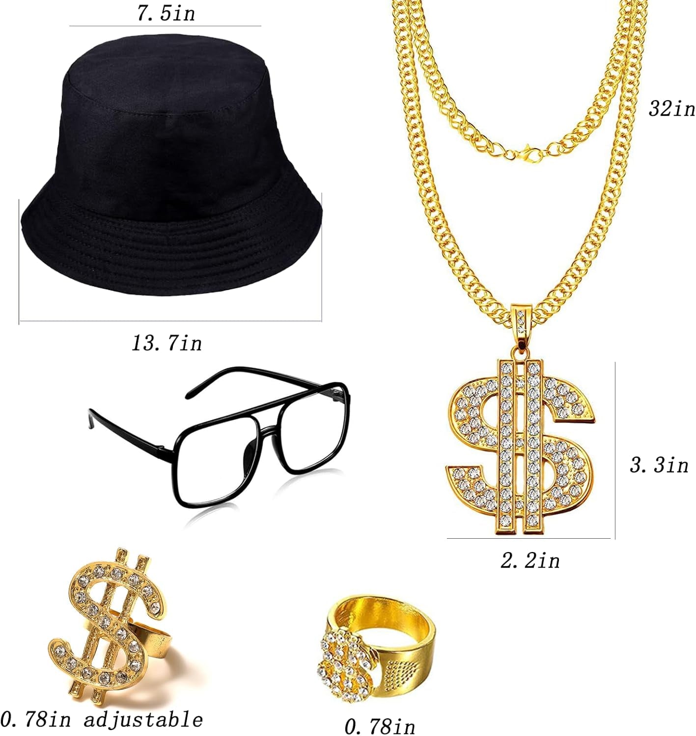 80S 90S Hip Hop Costumes Outfit for Men, ﻿8 Pcs Fake Gold Chain Money Sign Necklace Sunglasses Hat, Dollar Sign Finger Ring for Men Women Rapper Jewelry Accessories