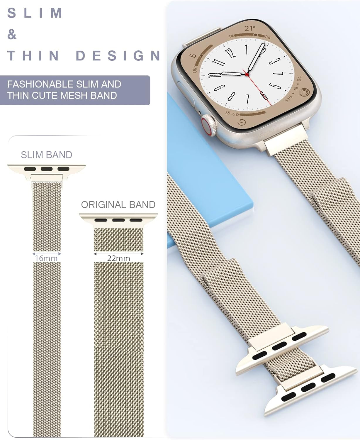 Slim Watch Band Compatible with Apple Watch Band 38Mm 40Mm 41Mm 42Mm 44Mm 45Mm 49Mm Women & Men, Stainless Steel Mesh Loop for Iwatch Bands Ultra, SE, Series 9 8 7 6 5 4 3 2 1