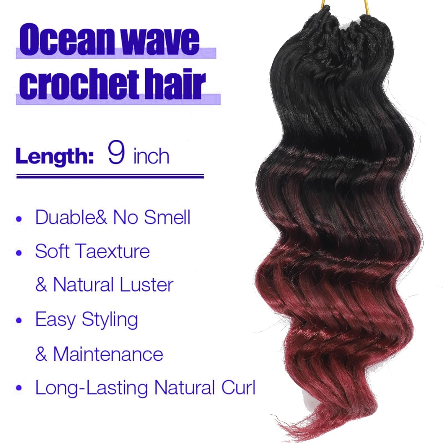 Burgundy Ombre Ocean Wave Crochet Hair Pre Looped 9 Inch Natural Curly Braiding Ocean Wave Hair 7 Packs 3 Tone Deep Wave Short Wavy Ocean Wave Crochet Braids for Women