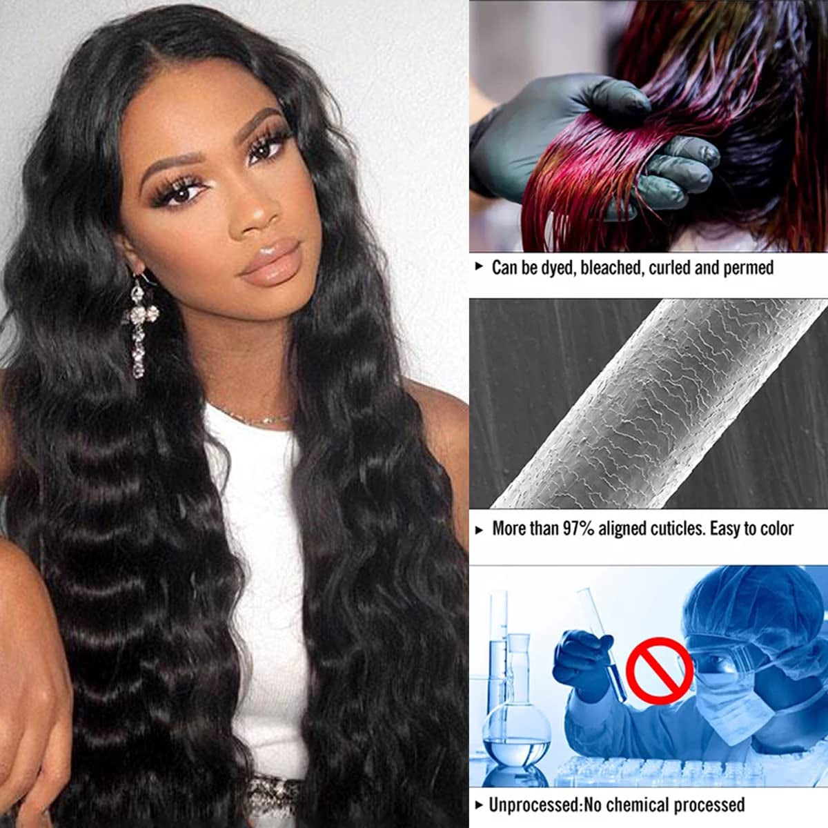 Brazilian Hair Loose Deep Wave Bundles with Closure Human Hair Loose Deep Curly Bundles with Lace Closure 12A Human Hair 3 Bundles with 4×4 Lace Closure Human Hair Natural Color (10 12 14+10)