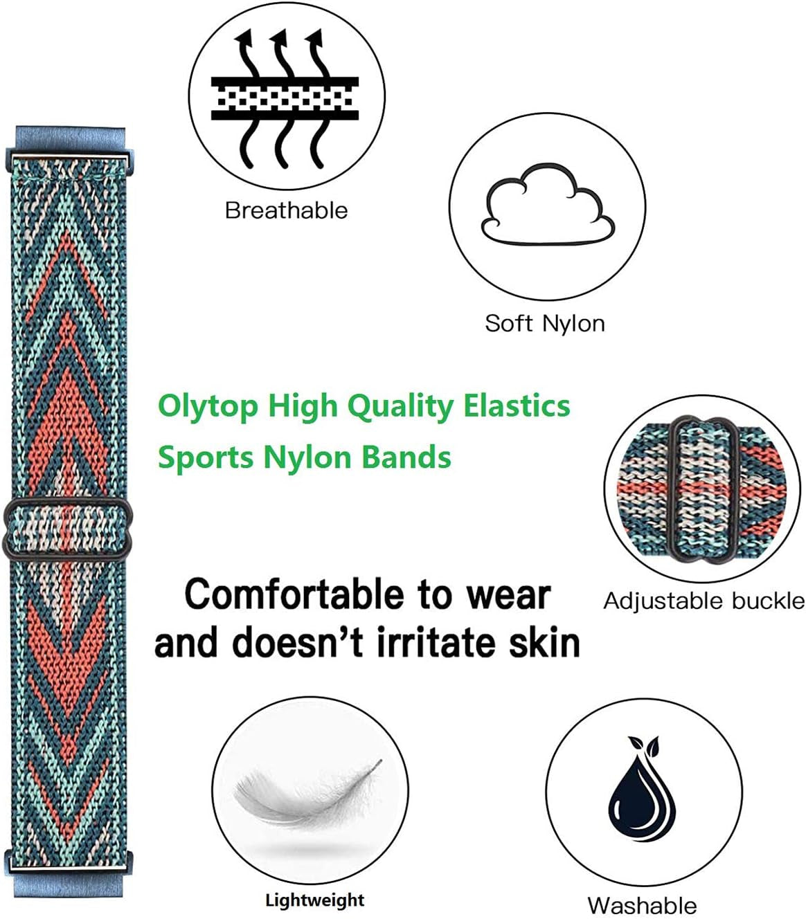 Elastic Bands for Galaxy Watch 6/5/4 Bands 44Mm 40Mm/5 Pro Band 45Mm, Samsung Galaxy Watch 6/4 Classic Band 43Mm 42Mm 46Mm 47Mm/Active 2 Women Men, 20Mm Stretch Nylon Strap, Wave Black+Green