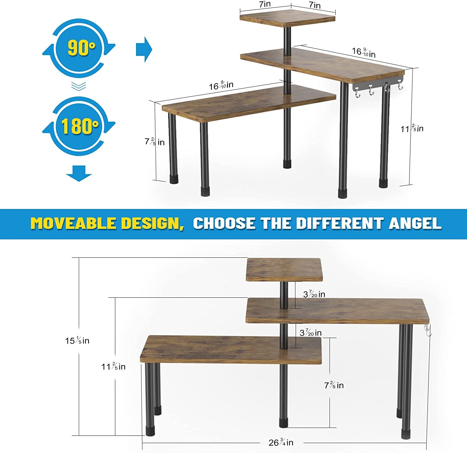 Countertop Organizer Organization, 3 Tier Moveable Corner Shelf for Kitchen , Bathroom , Spice Rack , Coffee Area, over Sink, Dresser Table (Rustic Brown)