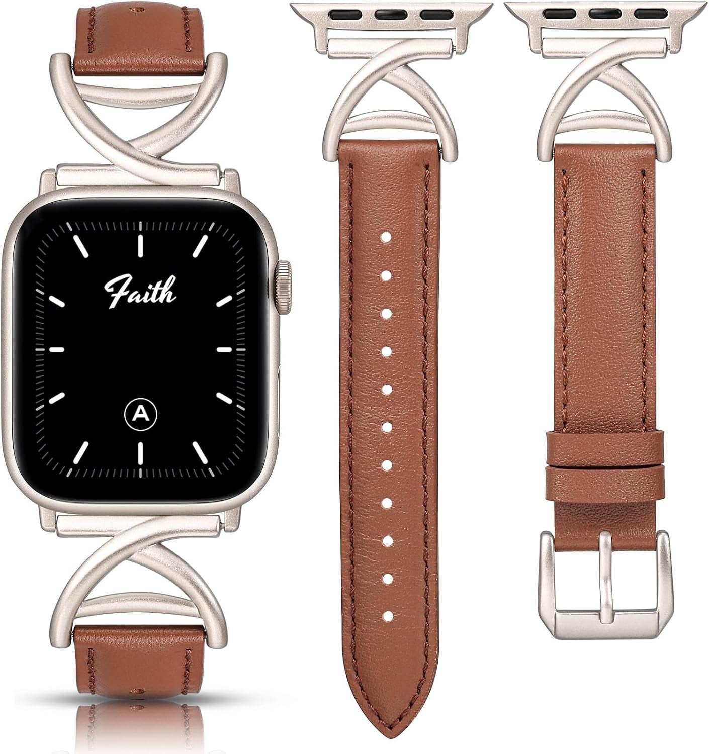 Leather Band Compatible with Apple Watch Bands 38/40/41/42/44/45/46/49Mm Women, Slim Dressy Premium Leather Strap with A-Shape Metal Buckle for Iwatch Series 10 9 Ultra SE 8 7 6 5 4 3 2 1