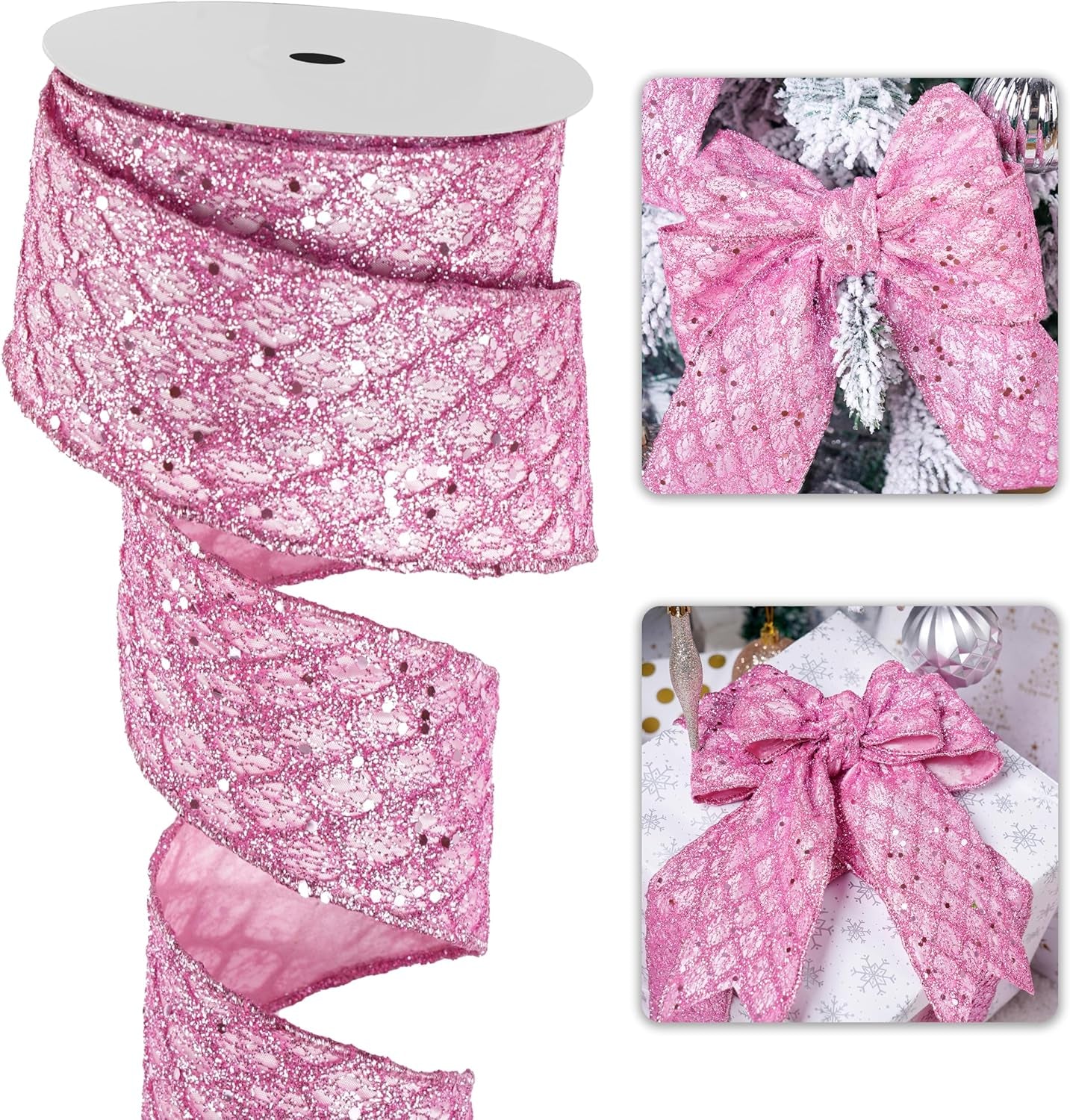 Pink Christmas Ribbon 2.5" Glitter Mesh Wired Ribbon for Christmas Tree Pink Diamond Honeycomb Ribbon for Gift Wrapping, Crafts, Wreath Supplies, Garland, Tree Topper Bows - 10 Yards