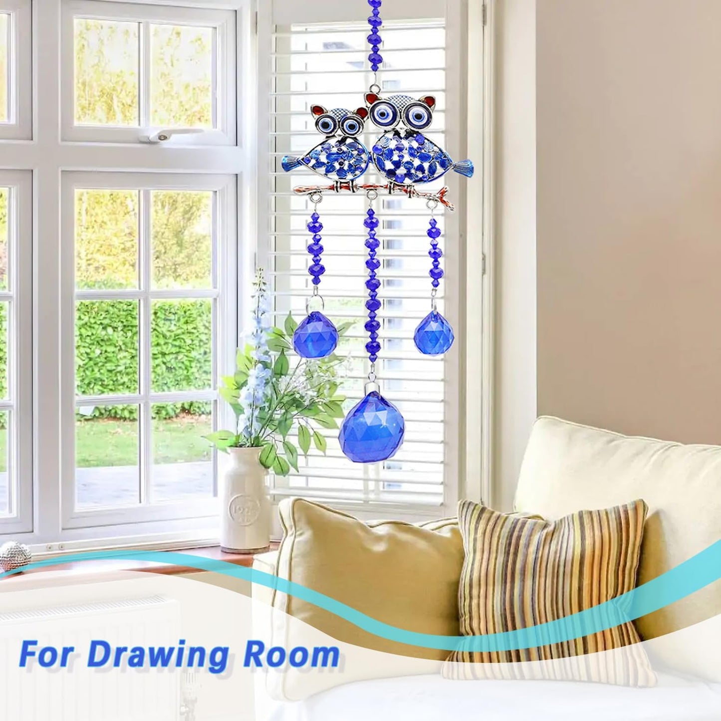 Crystals Suncatcher Blue Evil Eye Owl,Sun Catchers Indoor Window,Crystal Prism Window Decoration,Home Decor Aesthetic,Patio Decor/Mother'S Day/Christmas/Wedding Decoration